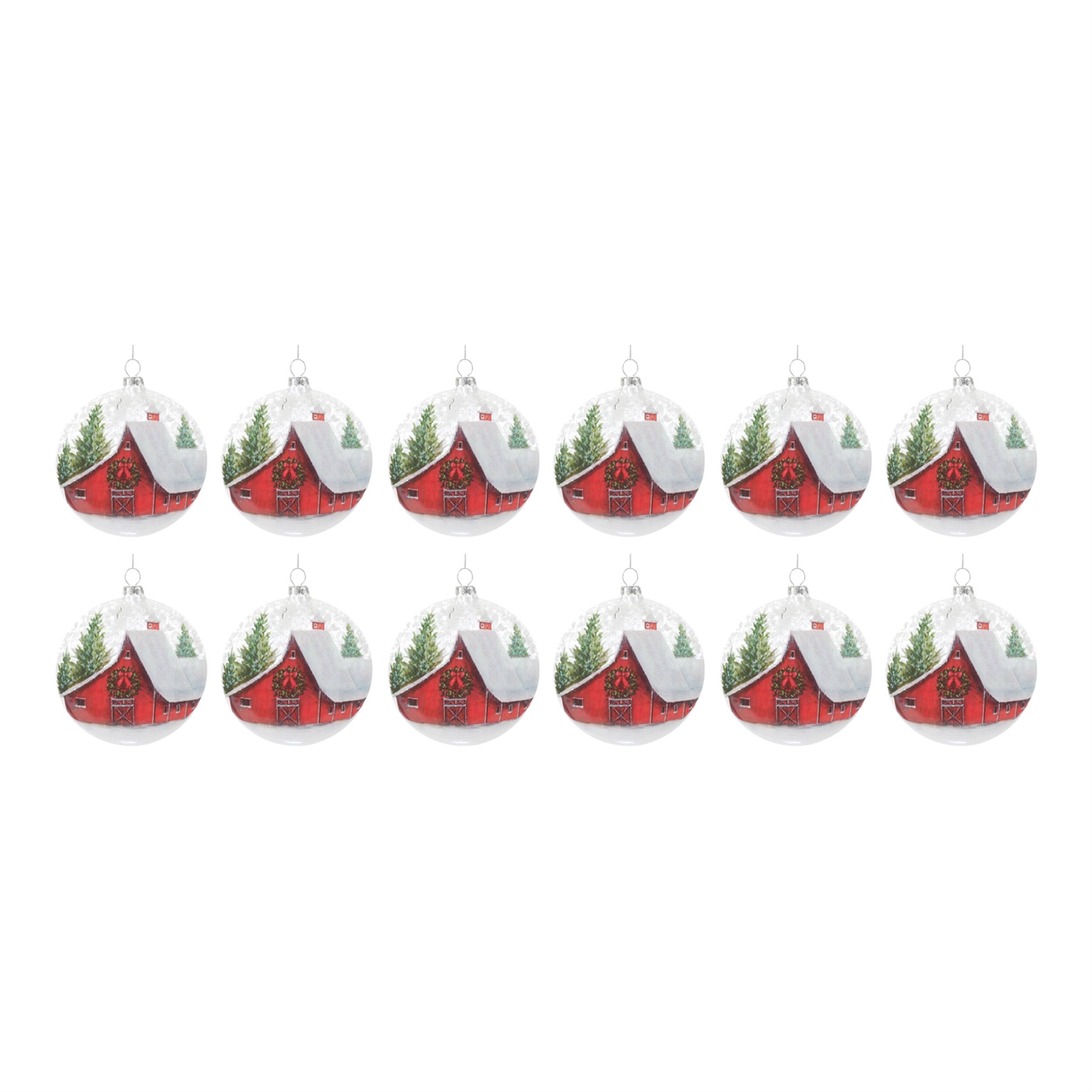 The text on the image is not clearly visible, but it appears to be a product description or packaging text. Here is a possible grouping and correction based on common product descriptions:

---

**Product Name:**
- Christmas Ornament Set

**Description:**
- Set of 12 Christmas ornaments featuring a festive red barn with snow-covered roofs and Christmas trees.
- Each ornament is designed with a winter scene, perfect for holiday decorations.
- Made of high-quality materials for durability and shine.

**Material:**
- Glass

**Dimensions:**
- Diameter: [Insert size if available]

**Care Instructions:**
- Wipe clean with a soft cloth to maintain shine.

**Brand:**
- [Insert brand name if available]

---

This is a general template. If you have specific text from the image, please provide it for a more accurate correction.