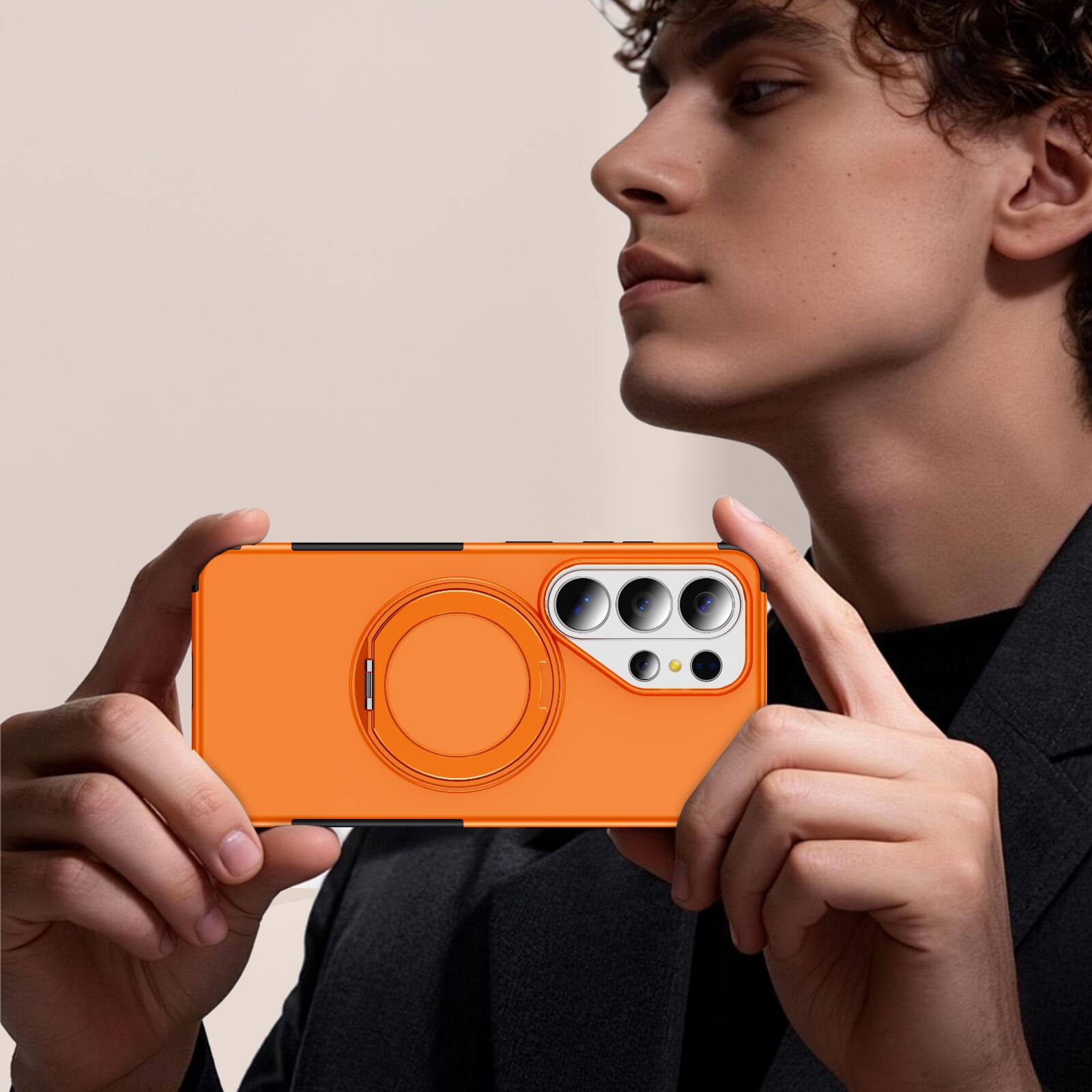 Back. Dteck - Magnetic Shockproof Case for Samsung Galaxy S26 Ultra, 360 Rotating Ring Stand Non Slip Cover, Raised Edge Protection - Orange.