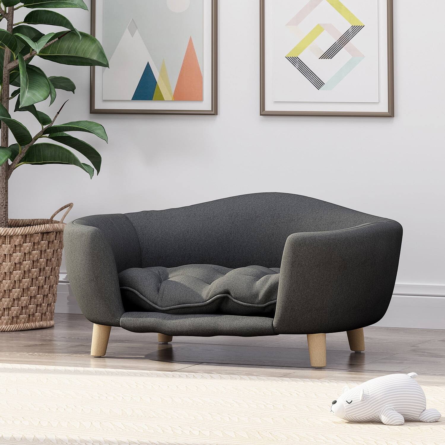 Left. Pefilos - 30" Elevated Dog Sofa, Corduroy Pet Couch with Rubber Wood Legs and Supportive Foam, Comfy Dog Bed for Small Dogs - Gray.