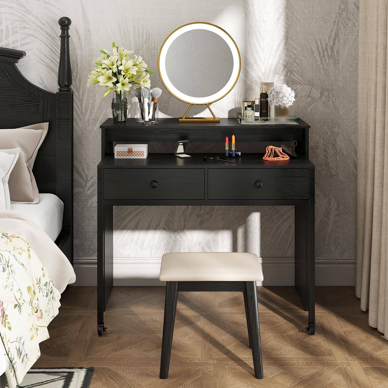 Alt View 8. Ecooso - Extendable Computer Desk with 2 Drawers, Convertible Rolling Study Desk, Space-Saving Design - Black.