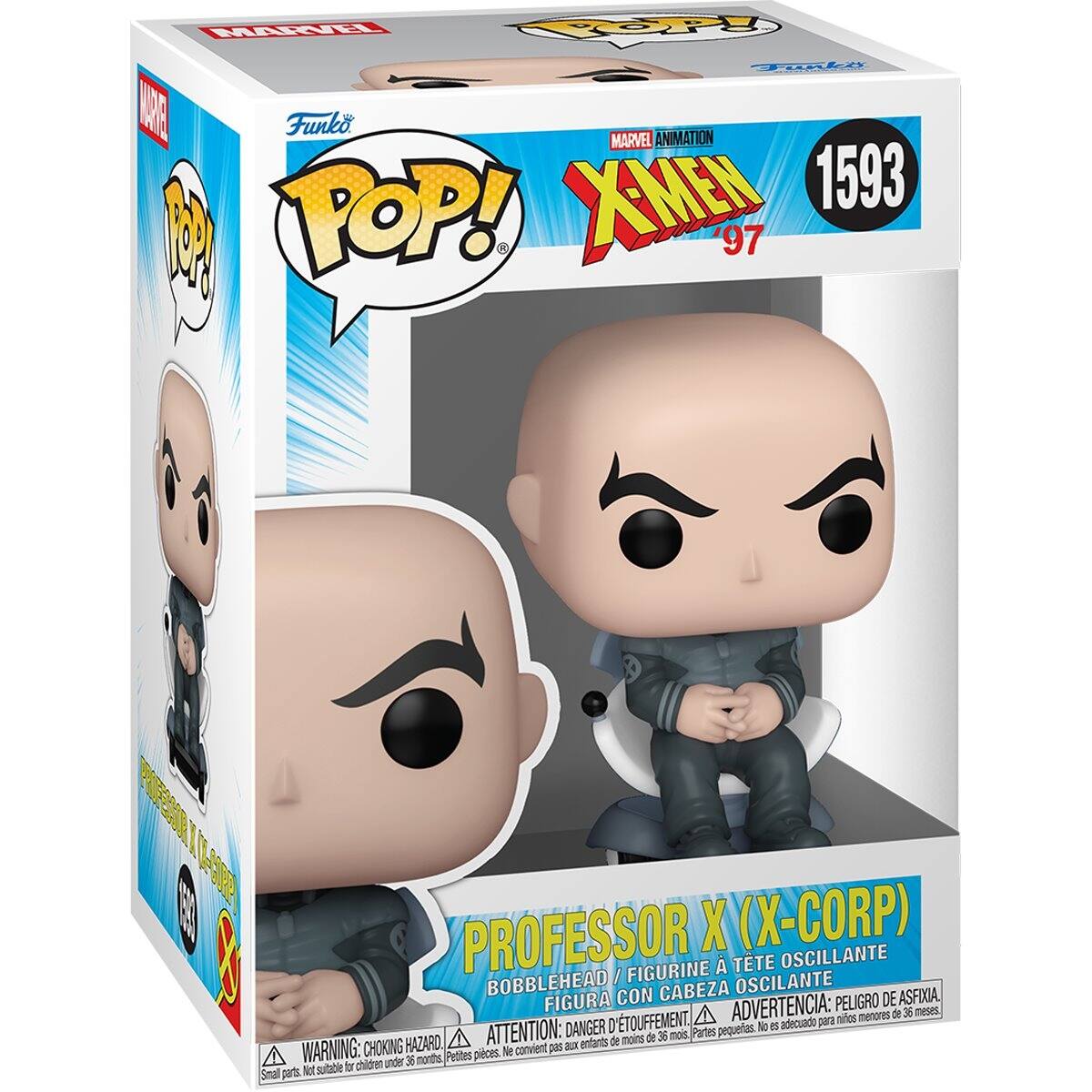 MARVEL ANIMATION X-MEN '97  
1593  
Funko POP!  
PROFESSOR X (X-CORP)  
BOBBLEHEAD / FIGURINE OSCILLANTE / FIGURA CON CABEZA OSCILANTE  
WARNING: CHOKING HAZARD - Small parts. Not suitable for children under 36 months.  
ADVERTENCIA: PEQUEÑOS PIEZAS. NO CONVIENE PARA NIÑOS MENORES DE 36 MESES.  
ATTENTION: DANGER D'ÉTOUFFEMENT - Pièces petites. Ne convient pas aux enfants de moins de 36 mois.  
PELIGRO DE ASFIXIA - Partes pequeñas. No es adecuado para niños menores de 36 meses.