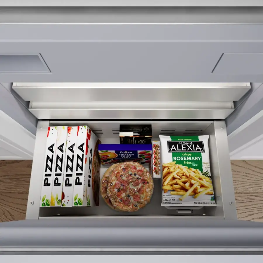 The image shows a refrigerator with two pizzas and two boxes of fries inside. The pizzas are placed on the left side of the refrigerator, while the boxes of fries are on the right side. The refrigerator is open, displaying the food items inside.