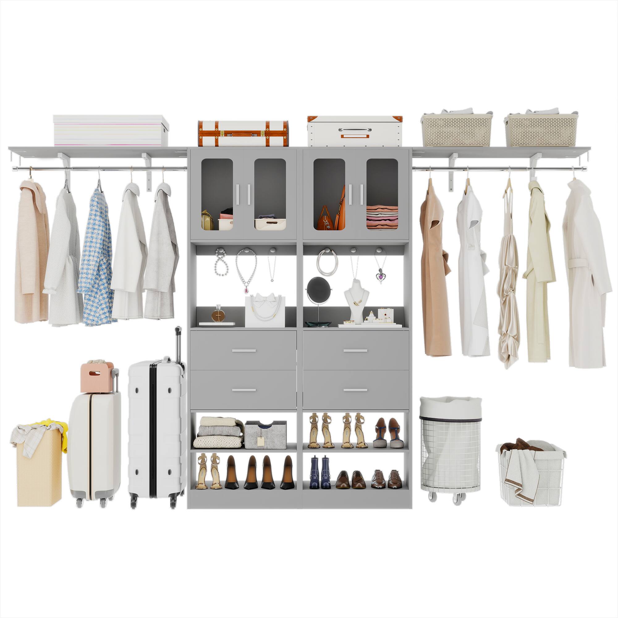 Angle. Aheaplus - 41'' - 120'' Adjustable Wardrobe System with Drawers, Cabinets, and Hanging Rods, Large Closet System Sets - Gray.