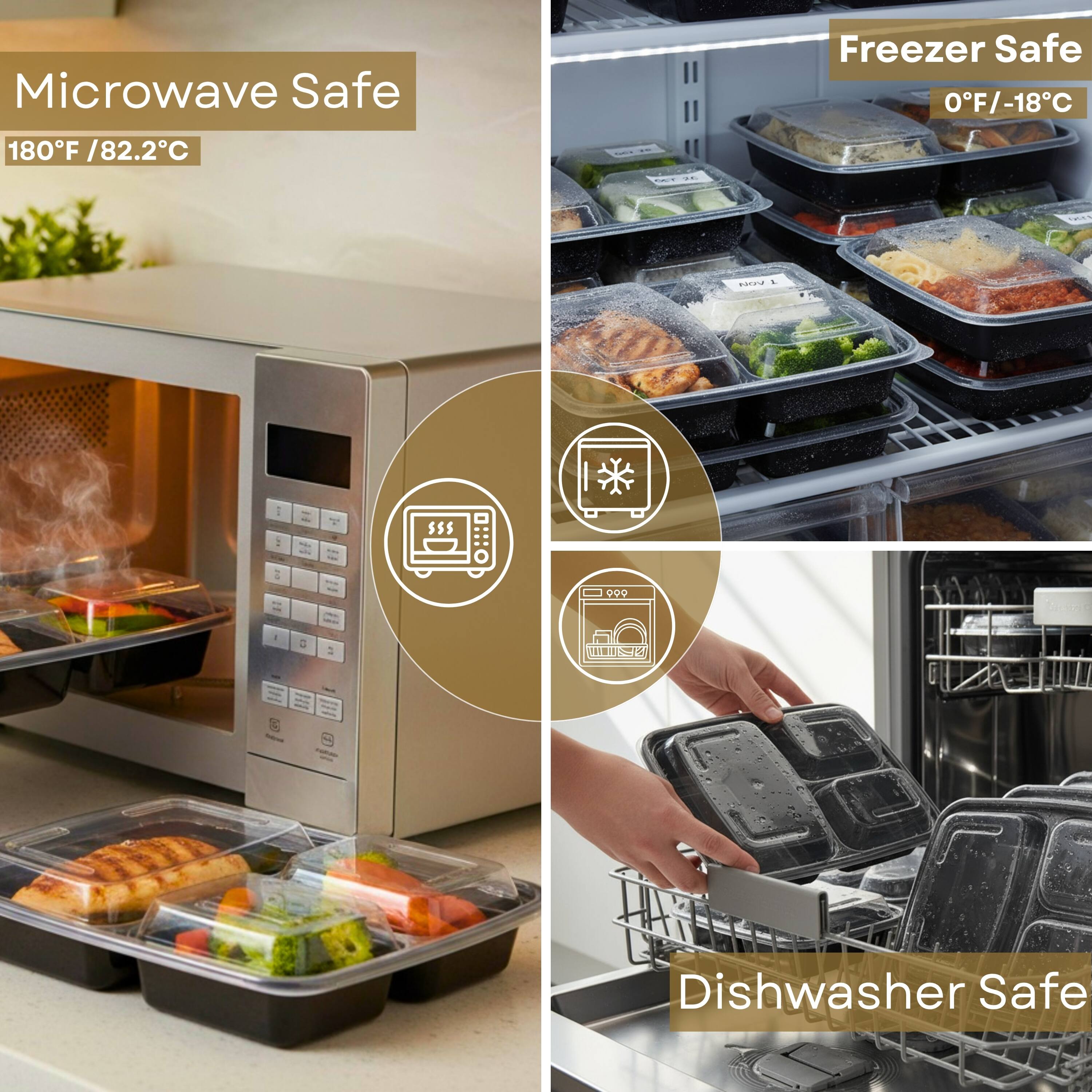 Microwave Safe  
180°F / 82.2°C  

Freezer Safe  
0°F / -18°C  

Dishwasher Safe