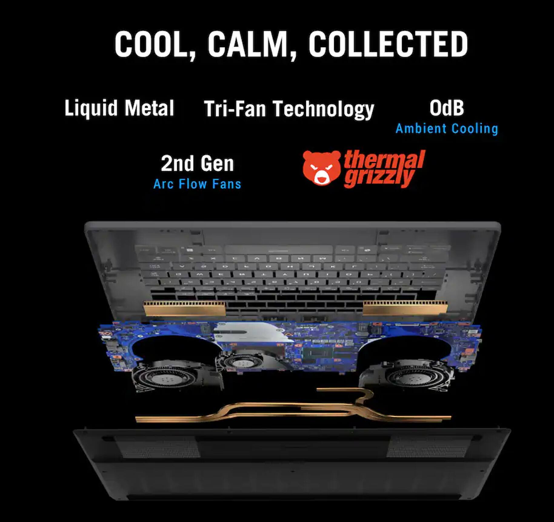 COOL, CALM, COLLECTED  
Liquid Metal Tri-Fan Technology  
OdB Ambient Cooling  
2nd Gen Arc Flow Fans  
thermal grizzly