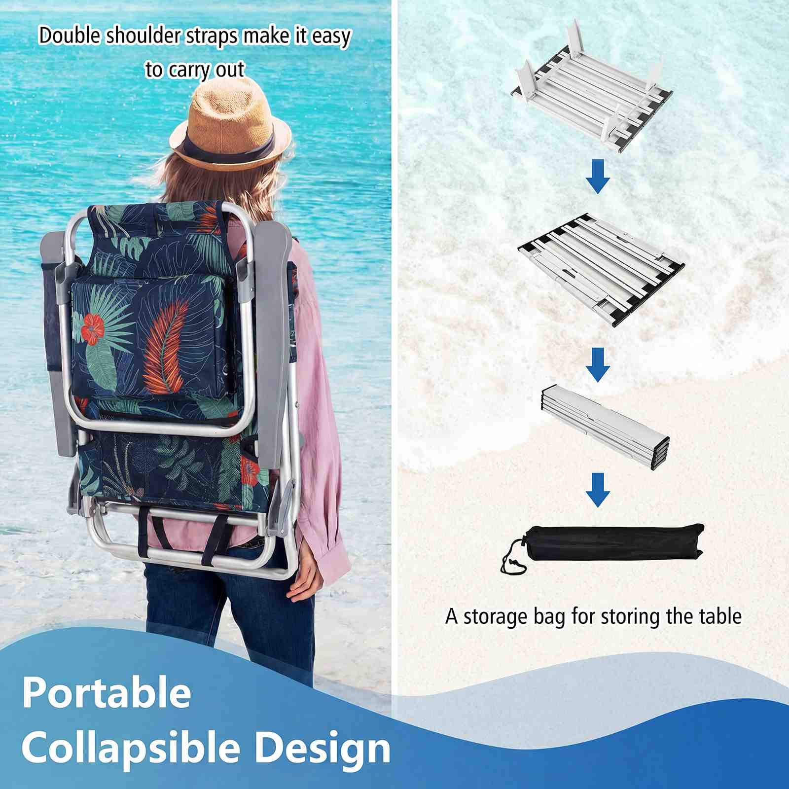 Double shoulder straps make it easy to carry out

A storage bag for storing the table

Portable Collapsible Design