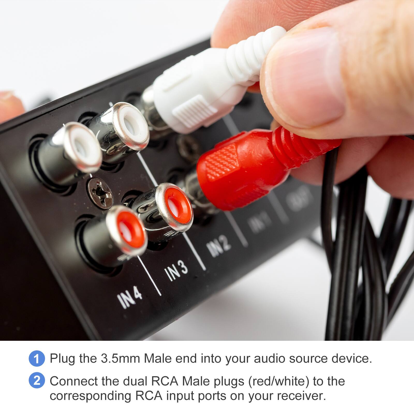 1. Plug the 3.5mm Male end into your audio source device.
2. Connect the dual RCA Male plugs (red/white) to the corresponding RCA input ports on your receiver.