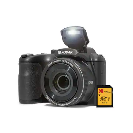The image features a Kodak camera with a zoom lens, which has a 25x angle and a 25x wide angle. The lens is capable of capturing images with a 6.2 aperture and has a focal length of 600mm (equivalent). The camera also has a 128GB memory card, which is locked for security purposes.