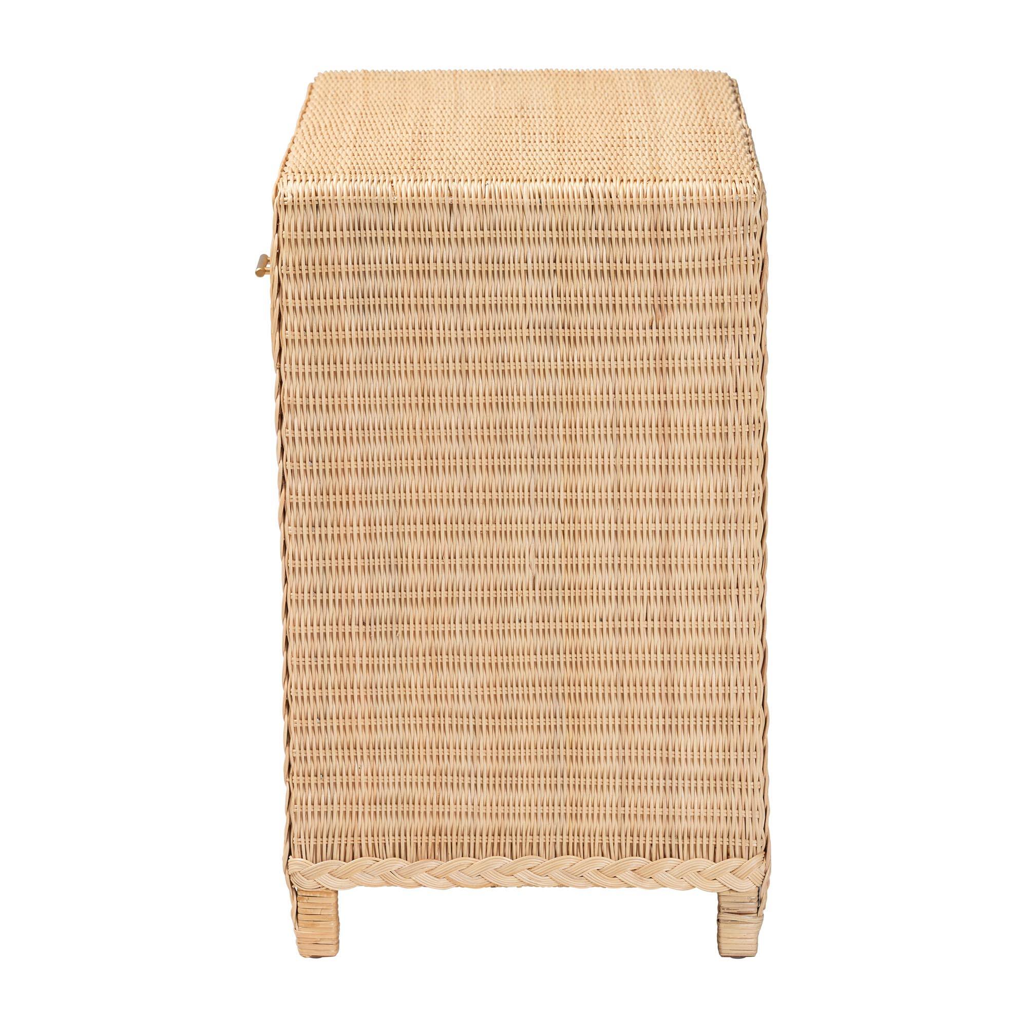 Back. bali & pari - Lanica Braided Rattan Console Table with Drawers and Shelves – Coastal Style Storage Cabinet - Sun-bleached Rattan.