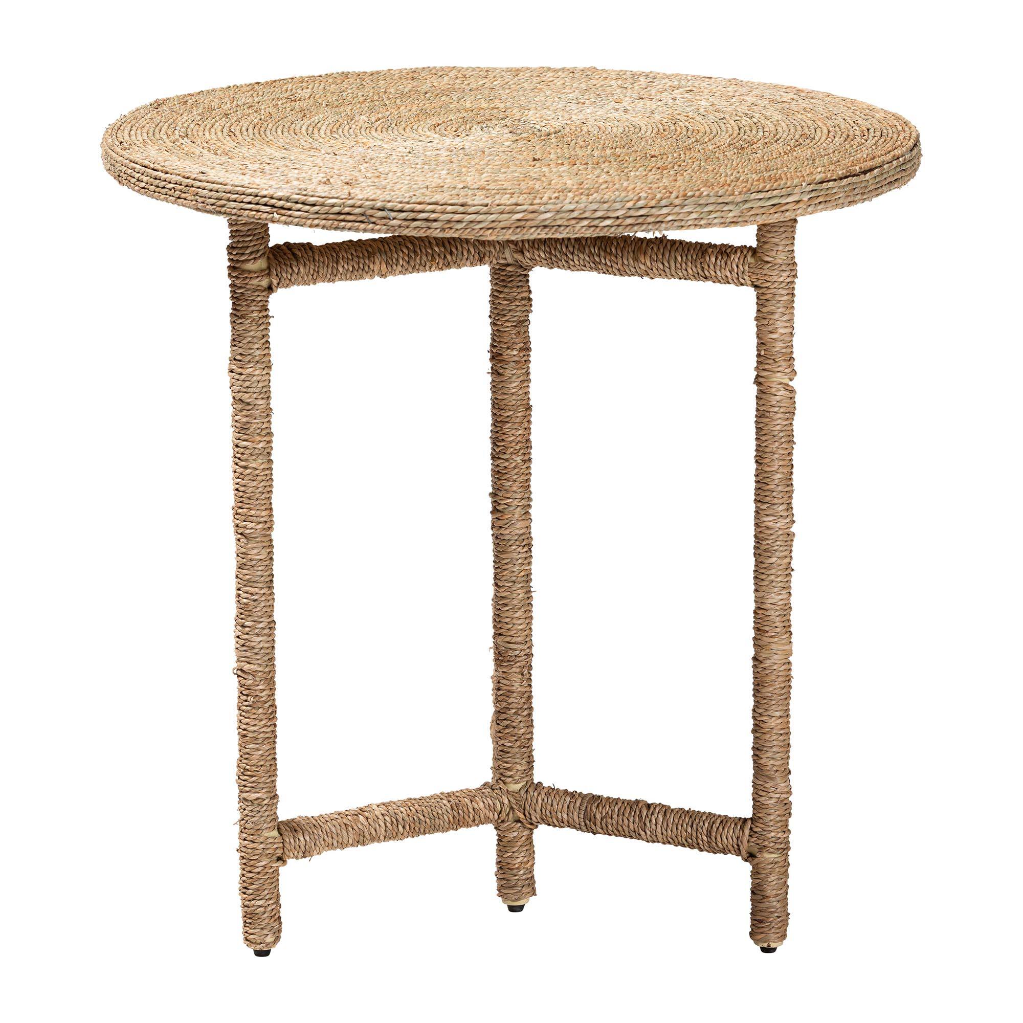 Angle. bali & pari - Fumito Handwoven Seagrass End Table - Round Boho Side Table with Wrapped Frame, Handmade Coastal - Natural Brown.
