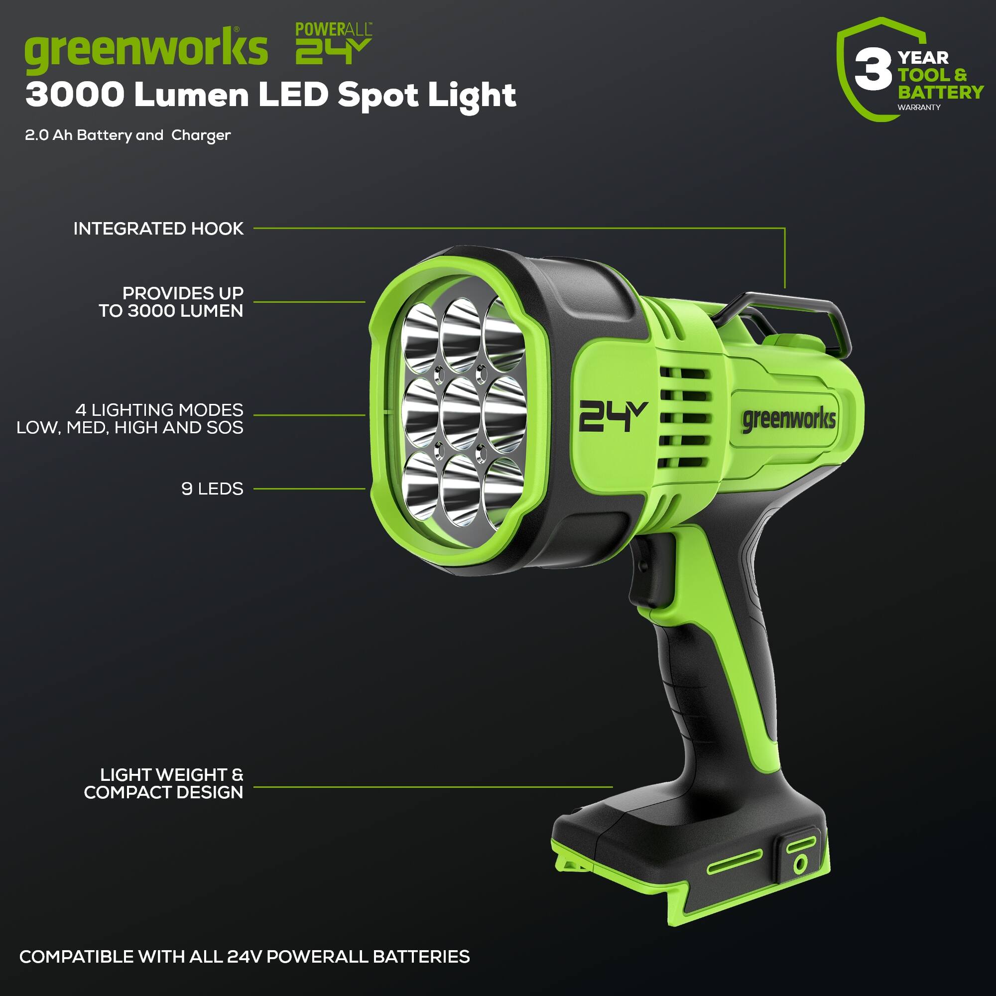POWERALL greenworks 24 3000 Lumen LED Spot Light 2.0 Ah Battery and Charger

- YEAR 3 TOOL & BATTERY WARRANTY
- INTEGRATED HOOK PROVIDES UP TO 3000 LUMEN
- 4 LIGHTING MODES: LOW, MED, HIGH AND SOS
- 9 LEDS
- LIGHT WEIGHT & COMPACT DESIGN
- COMPATIBLE WITH ALL 24V POWERALL BATTERIES