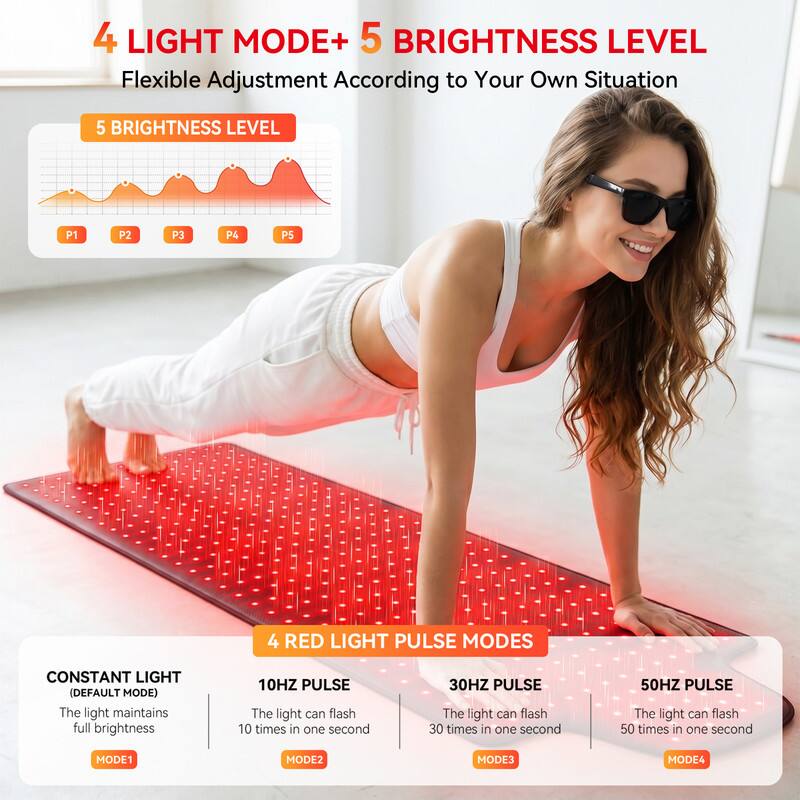 4 LIGHT MODE+ 5 BRIGHTNESS LEVEL  
Flexible Adjustment According to Your Own Situation  

5 BRIGHTNESS LEVEL  
P1 P2 P3 P4 P5  

4 RED LIGHT PULSE MODES  
CONSTANT LIGHT (DEFAULT MODE)  
The light maintains full brightness  

10HZ PULSE  
The light can flash 10 times in one second  

30HZ PULSE  
The light can flash 30 times in one second  

50HZ PULSE  
The light can flash 50 times in one second  

MODE1 MODE2 MODE3 MODE4