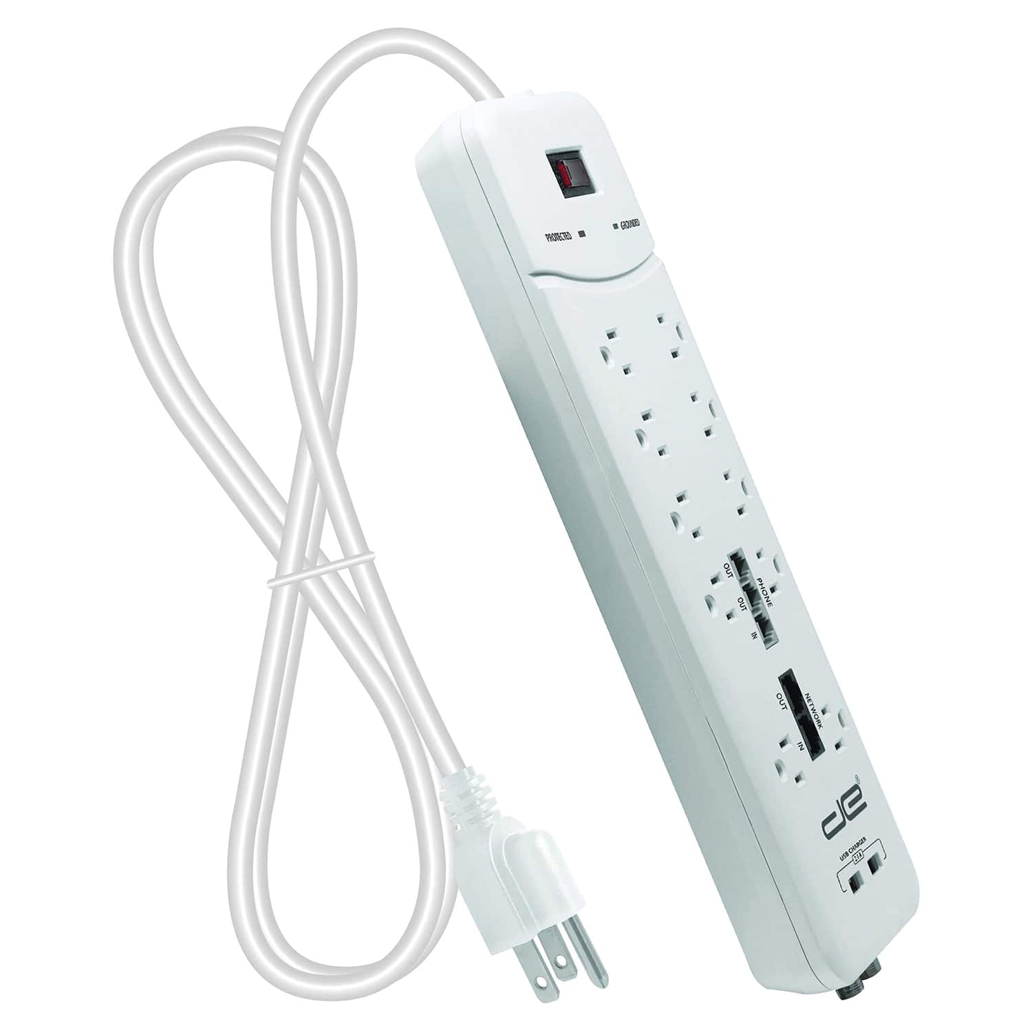 Digital Energy - 10-outlet Heavy-duty Surge Protector Power Strip With 2 Usb Ports And Coaxial, Phone, And Modem - White