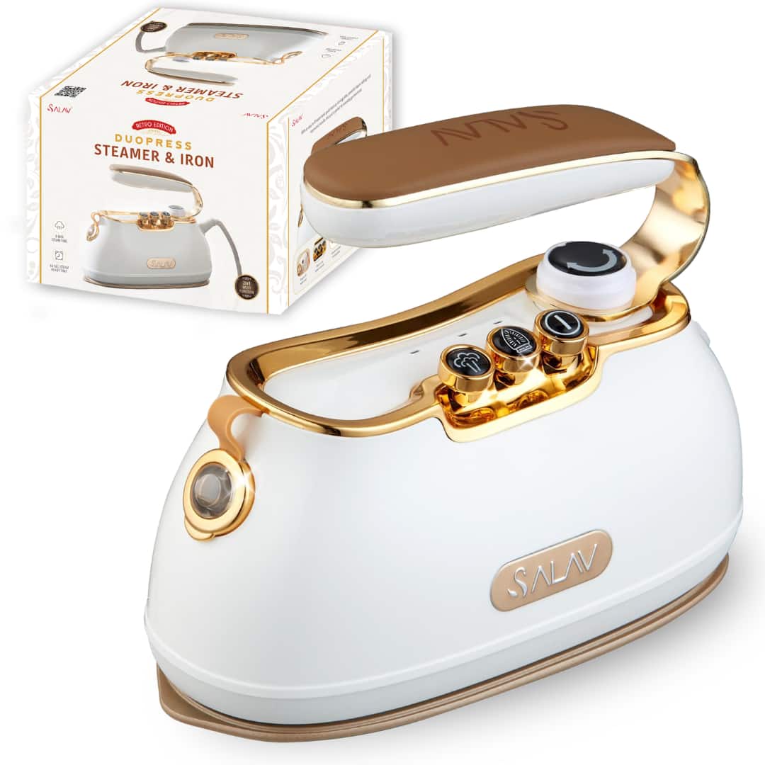 SALAV - Compact Retro 2 In 1 DuoPress Garment Steamer and Iron - Pearl