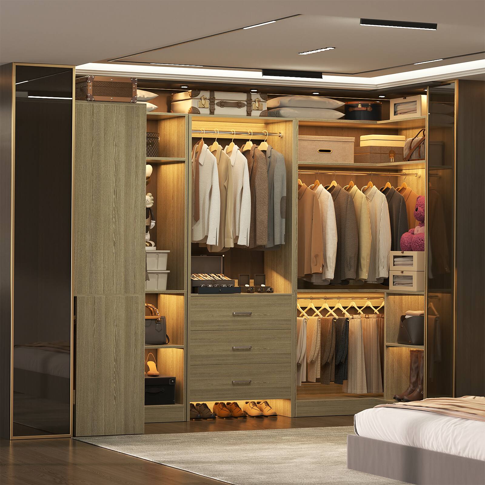 Left. Aheaplus - 88.8'' With U-Shaped Closet System, Walk-in Wardrobe System with 3 Drawers and 5 Hanging Rods, Set of 3 - Beige Oak.