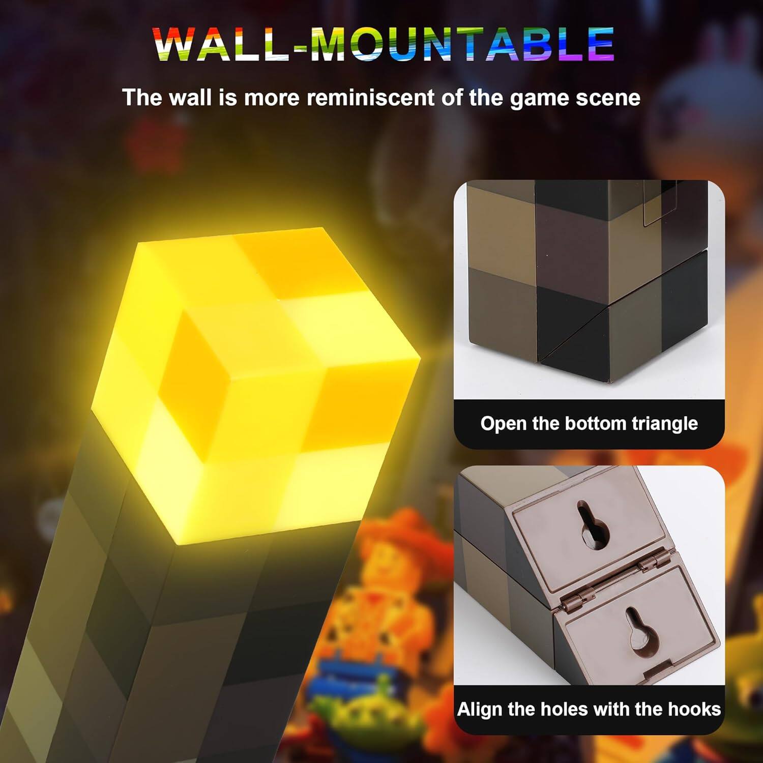 WALL-MOUNTABLE  
The wall is more reminiscent of the game scene  

Open the bottom triangle  

Align the holes with the hooks