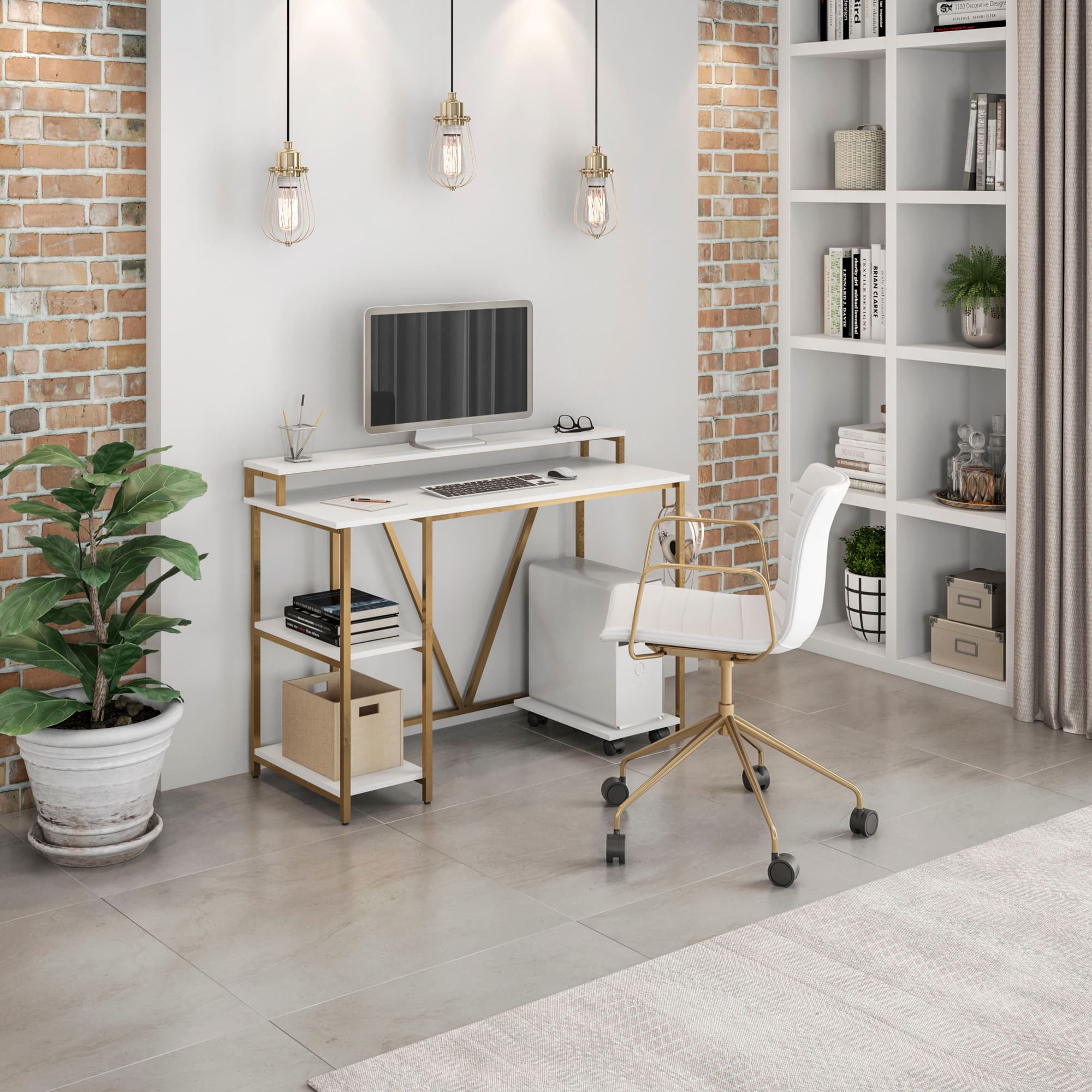 GOODSILO - Industrial Style Writing Desk with Open Shelves and Mobile CPU Caddy - Gold