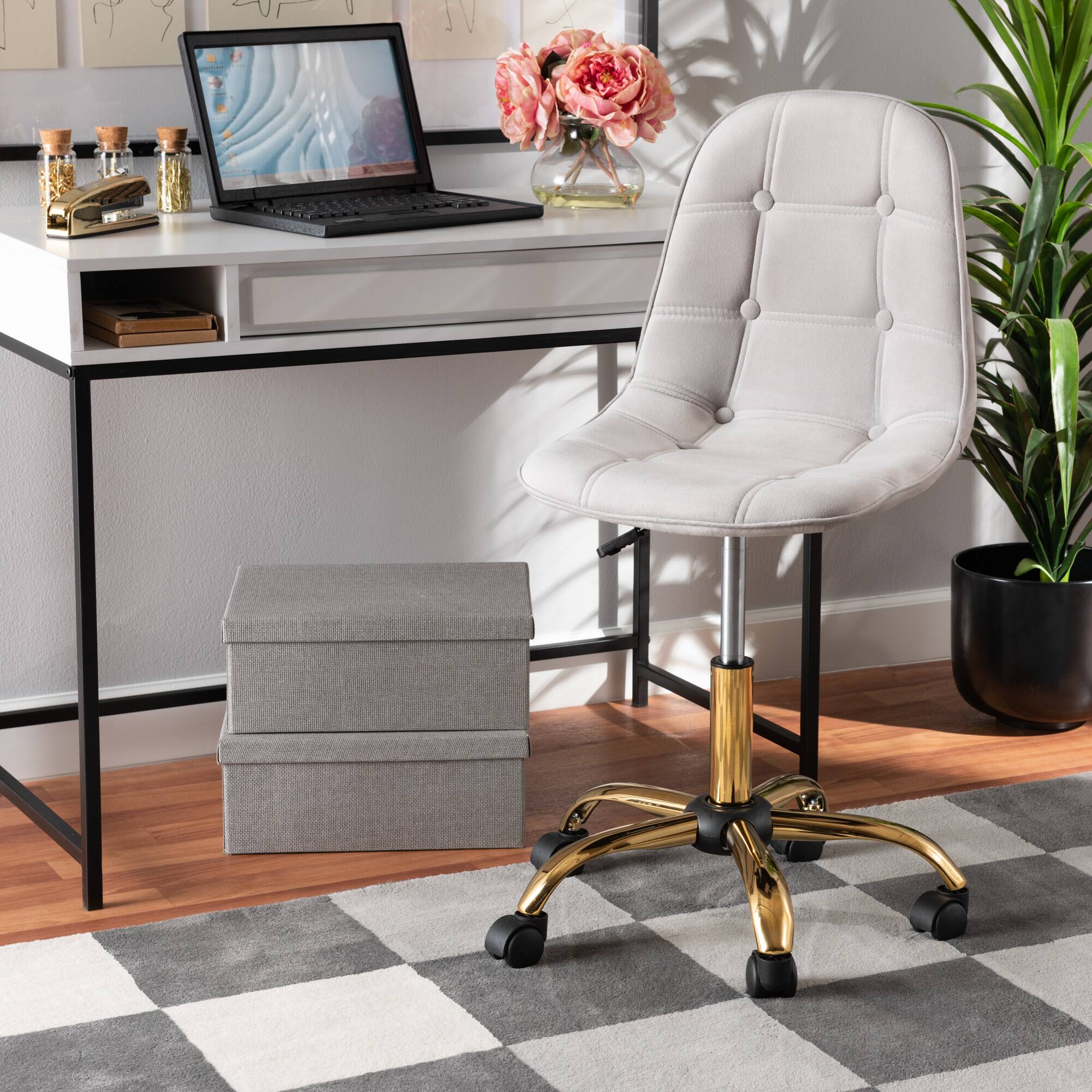 Alt View 6. Baxton Studio - Kabira Contemporary Glam and Luxe Velvet Fabric and Metal Swivel Office chair - Grey/Gold.