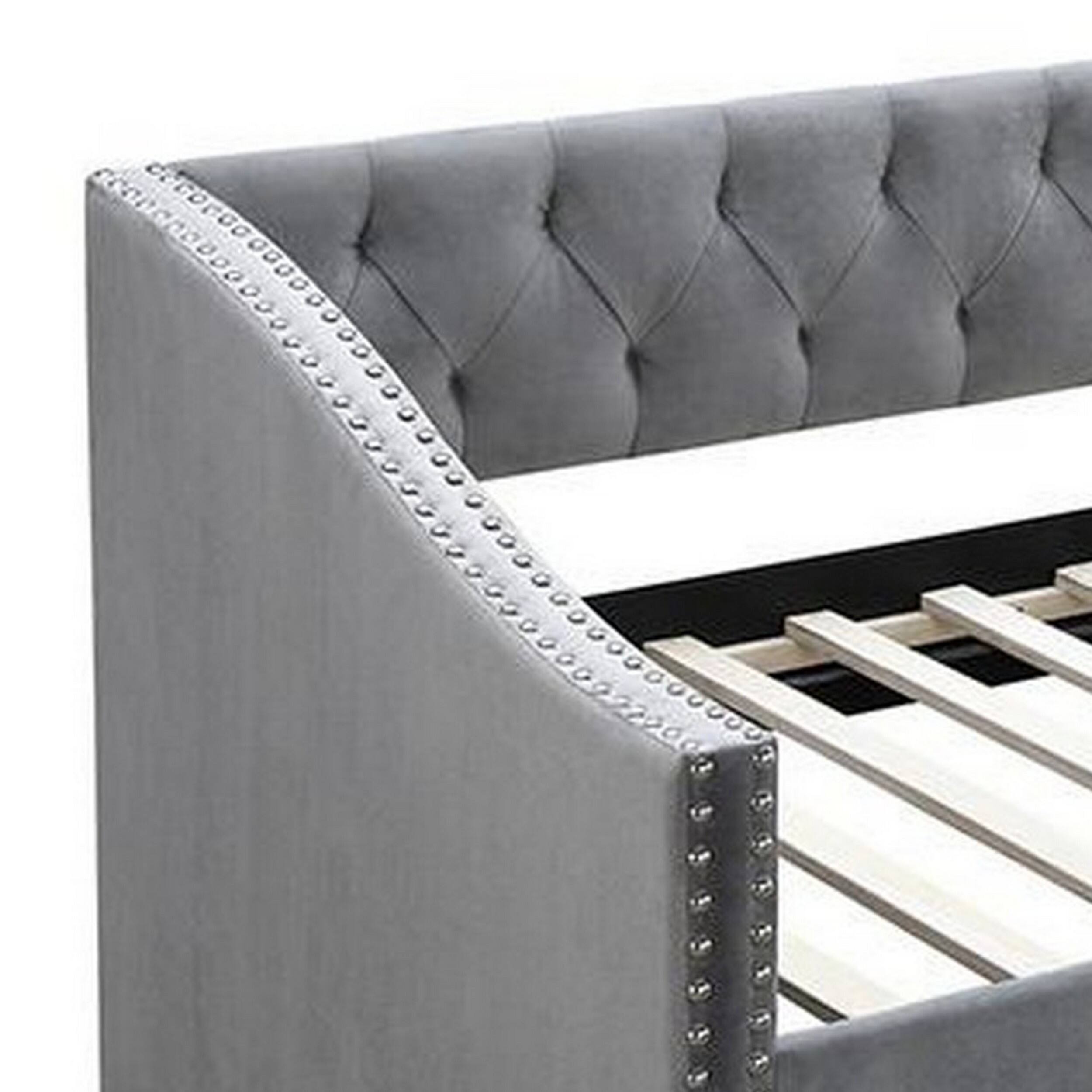 Alt View 2. Manhattan Lane - Ann Modern Wood Day Bed with Trundle, Straight Tufted Back, Gray Burlap - Gray.