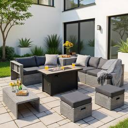 Kadyn - 9 Pieces Patio Furniture Set with 42 Inches 60000 BTU Fire Pit-White, Patio Seating Conversation - Gray