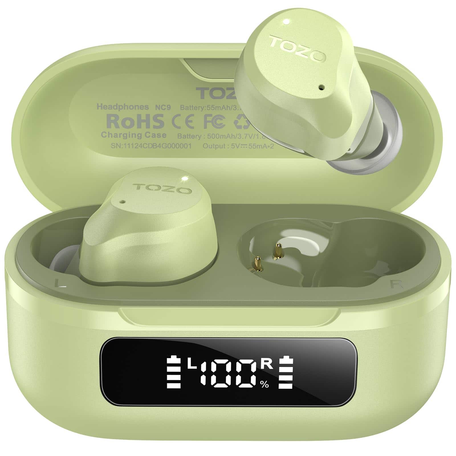 TOZO - NC9 Wireless Earbuds, Hybrid ANC 45dB, 6-Mic ENC Calls, 59H Playtime, 10mm OrigX 2.0 Drivers, IPX8, Bluetooth 5.3 - Light Green