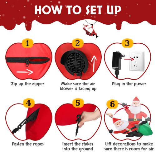 Sure, here is the corrected and grouped text:

---

**HOW TO SET UP**

1. Zip up the zipper
2. Make sure the air blower is facing up
3. Plug in the power
4. Fasten the ropes
5. Insert the stakes into the ground
6. Lift decorations to make sure there is room for air

---