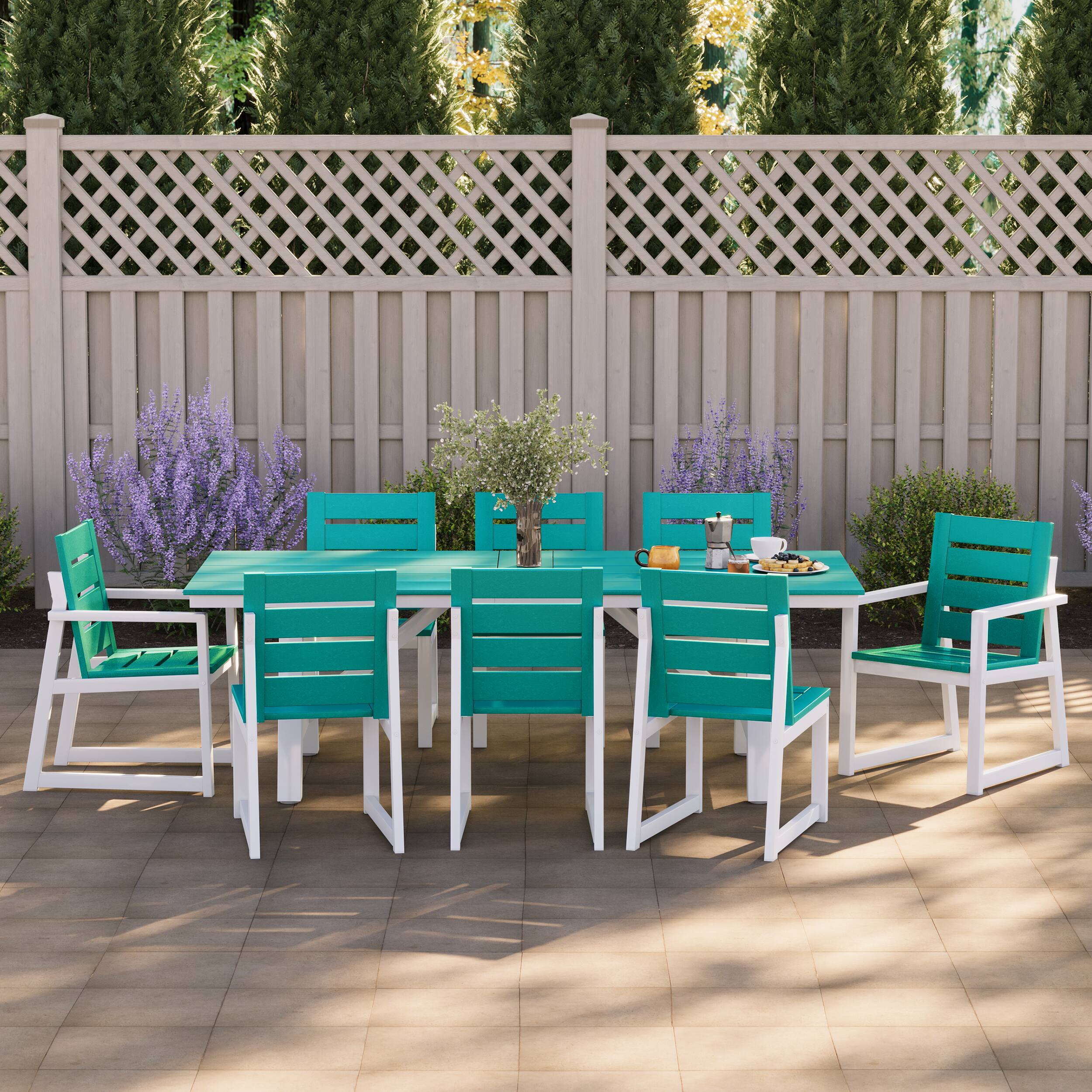 Angle. WestinTrends - WestinTrends Cape May 9-Piece HDPE Outdoor Furniture Patio Dining Table With Umbrella Hole and Chairs Set For 8 - Turquoise.