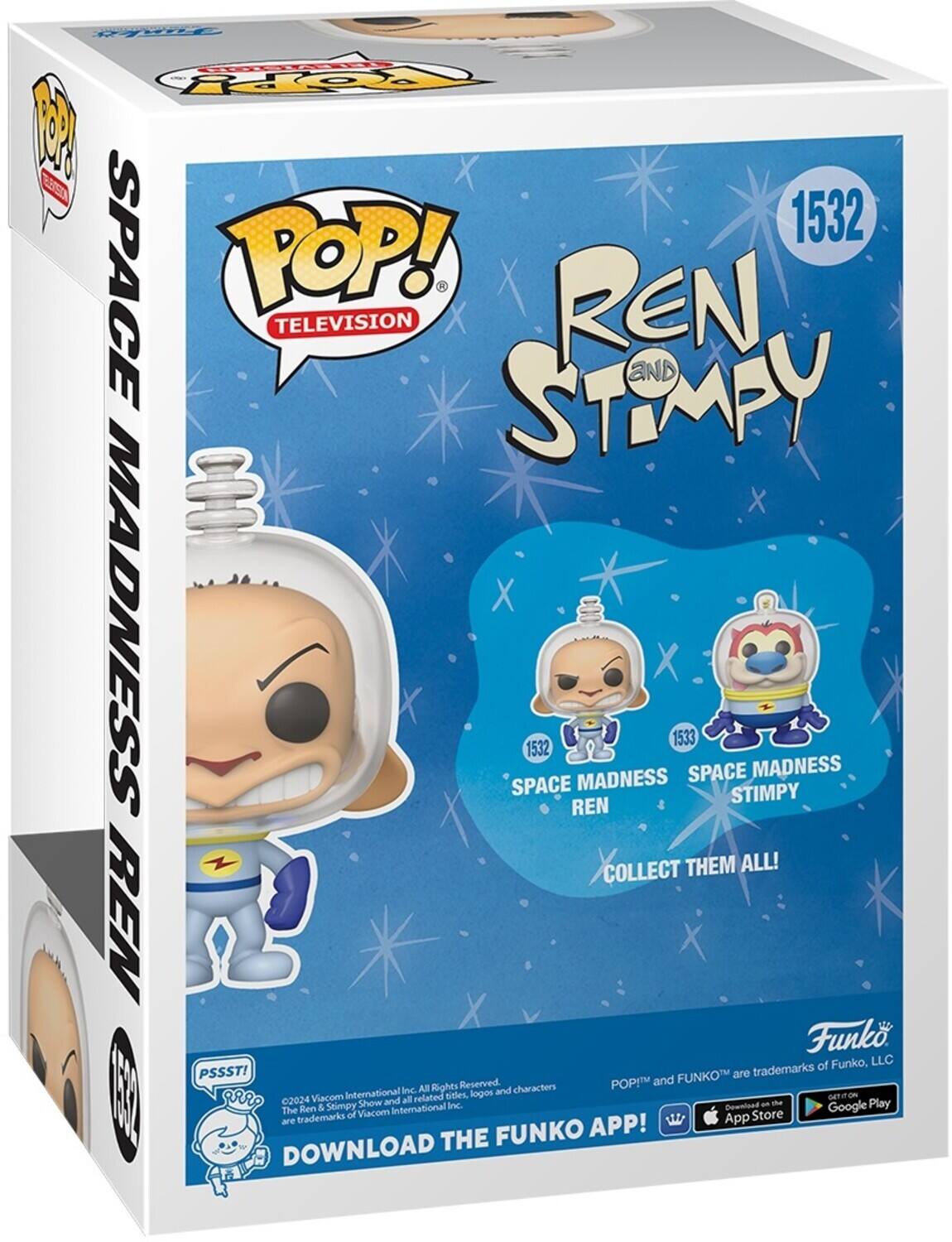 The text on the image can be grouped and corrected as follows:

---

**Funko POP! Television**

**1532**  
**Ren & Stimpy**  
**Space Madness**

**Ren**  
**1532**  
**Stimpy**  
**1533**

**Collect Them All!**

**PSSST!**  
**Download the Funko App!**

**Funko, LLC**  
**POP!™ and FUNKO™ are trademarks of Funko, LLC.**  
**All Rights Reserved.**

**The Ren & Stimpy Show and all related titles, logos, and characters are trademarks of Viacom International Inc.**

---

This text is from the packaging of a Funko Pop! figure set featuring characters from "Ren & Stimpy."