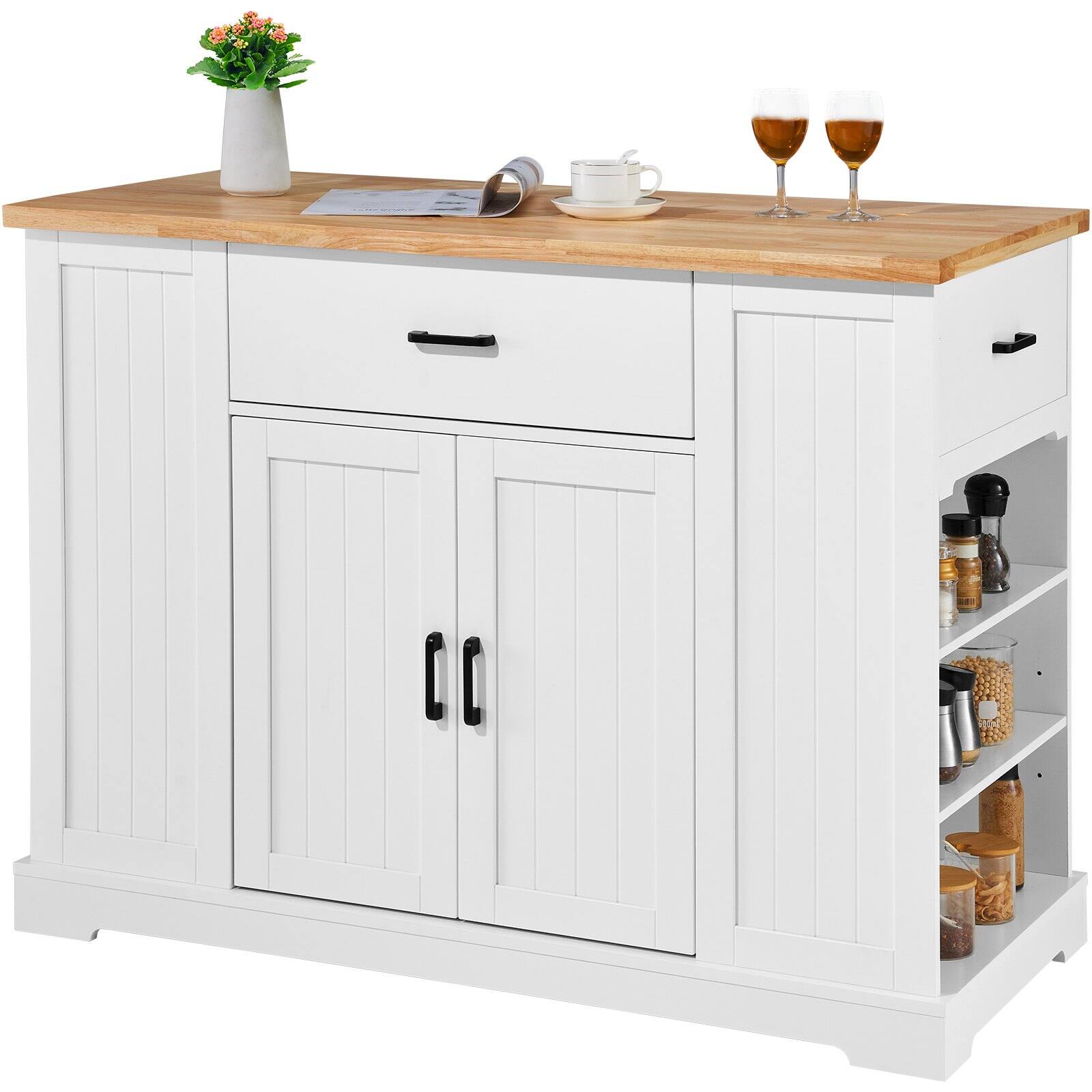 Alt View 8. Glintex - Kitchen Island Cart with 46" Wood Top, Storage Cabinet with Adjustable Shelf, Drawer, for Kitchen and Dining Room - White.