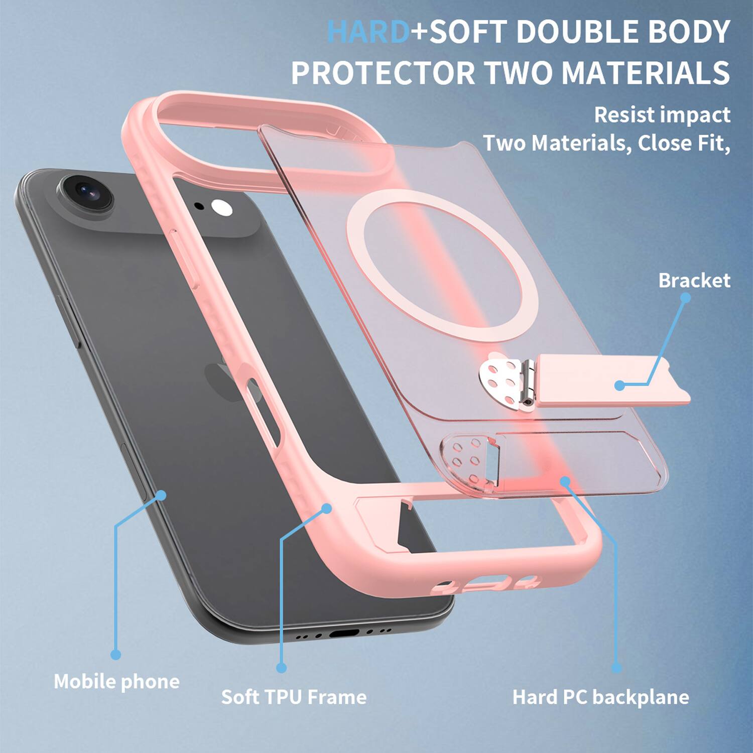 HARD+SOFT DOUBLE BODY PROTECTOR TWO MATERIALS  
Resist impact  
Two Materials, Close Fit,  
Bracket  
Mobile phone  
Soft TPU Frame  
Hard PC backplane