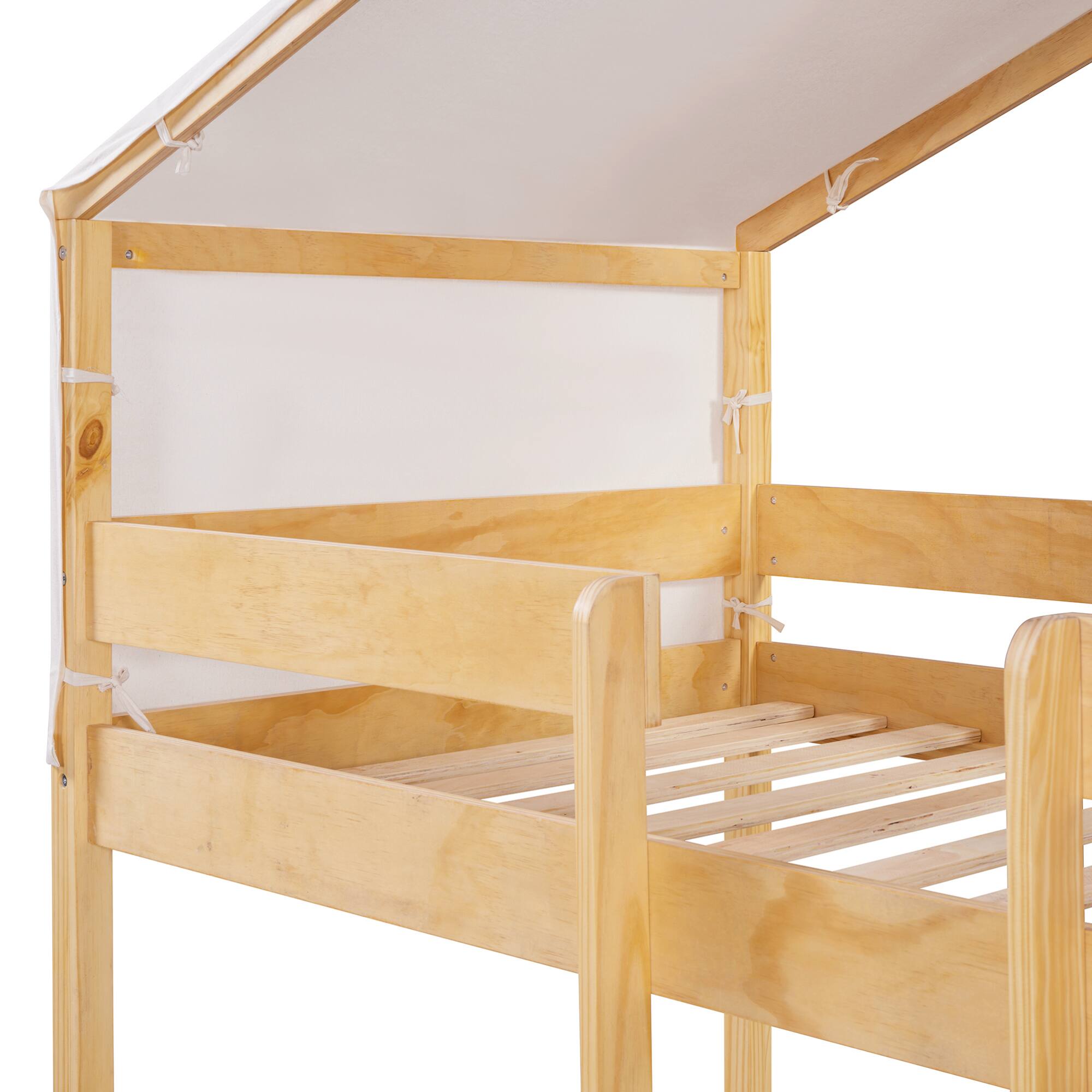 Alt View 7. GOODSILO - Space-Saving Twin Over Twin Wooden Bunk Bed with Playful Tent Design for Kids - Natural.