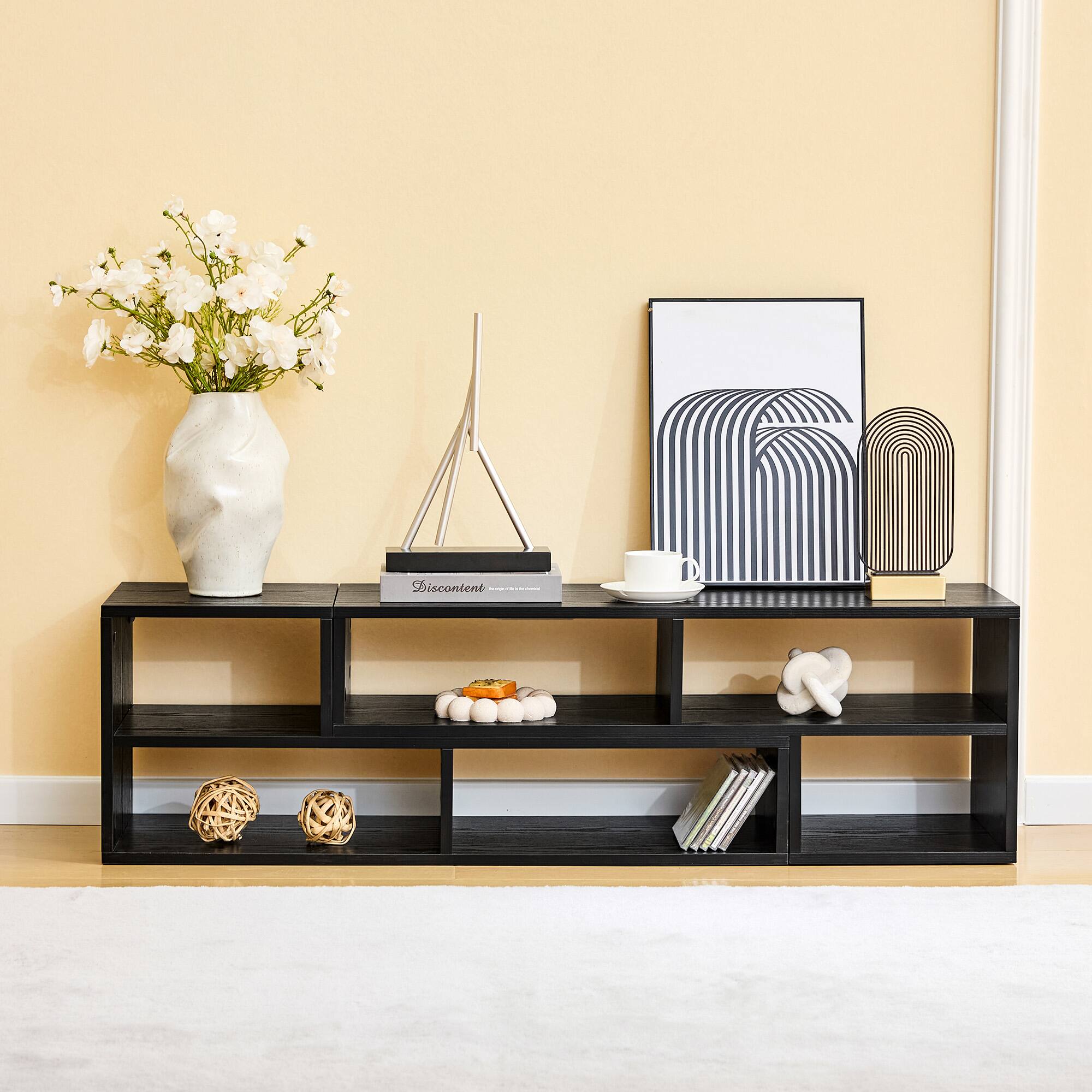 Angle. Loheer - Loheer- Adjustable Modular TV Stand Black Open Storage Console 0.98ft W x 1.12ft H Modern Media Shelf For Living Room - Black.