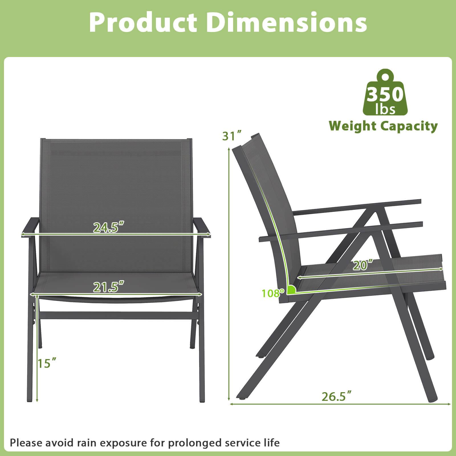 Product Dimensions

- Width: 31"
- Depth: 24.5"
- Height: 21.5"
- Seat Height: 15"
- Back Height: 20"
- Folded Width: 26.5"
- Folded Depth: 108°

Weight Capacity: 350 lbs

Please avoid rain exposure for prolonged service life.
