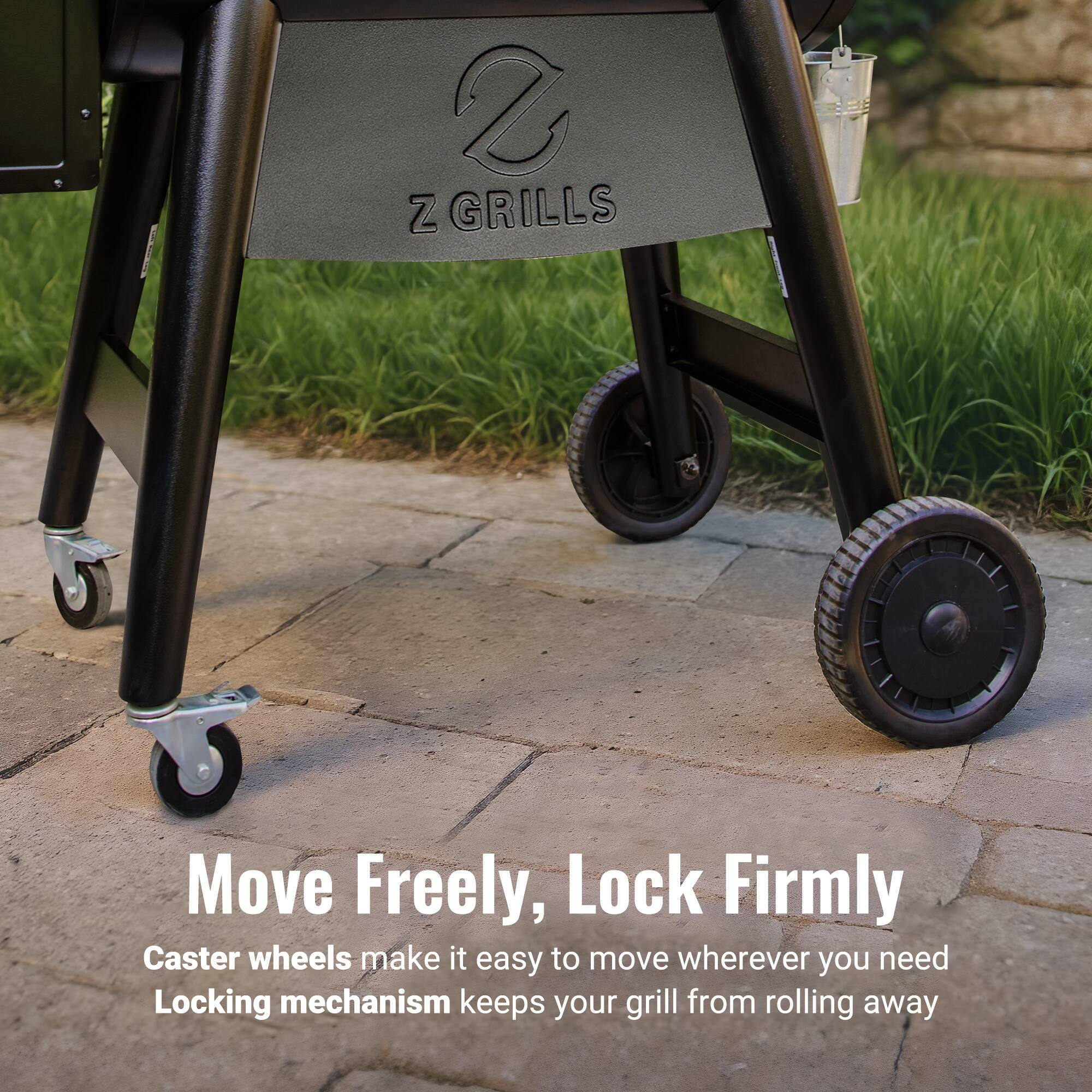 Z GRILLS, Move Freely, Caster wheels make it easy to move wherever you need, Locking mechanism keeps your grill from rolling away