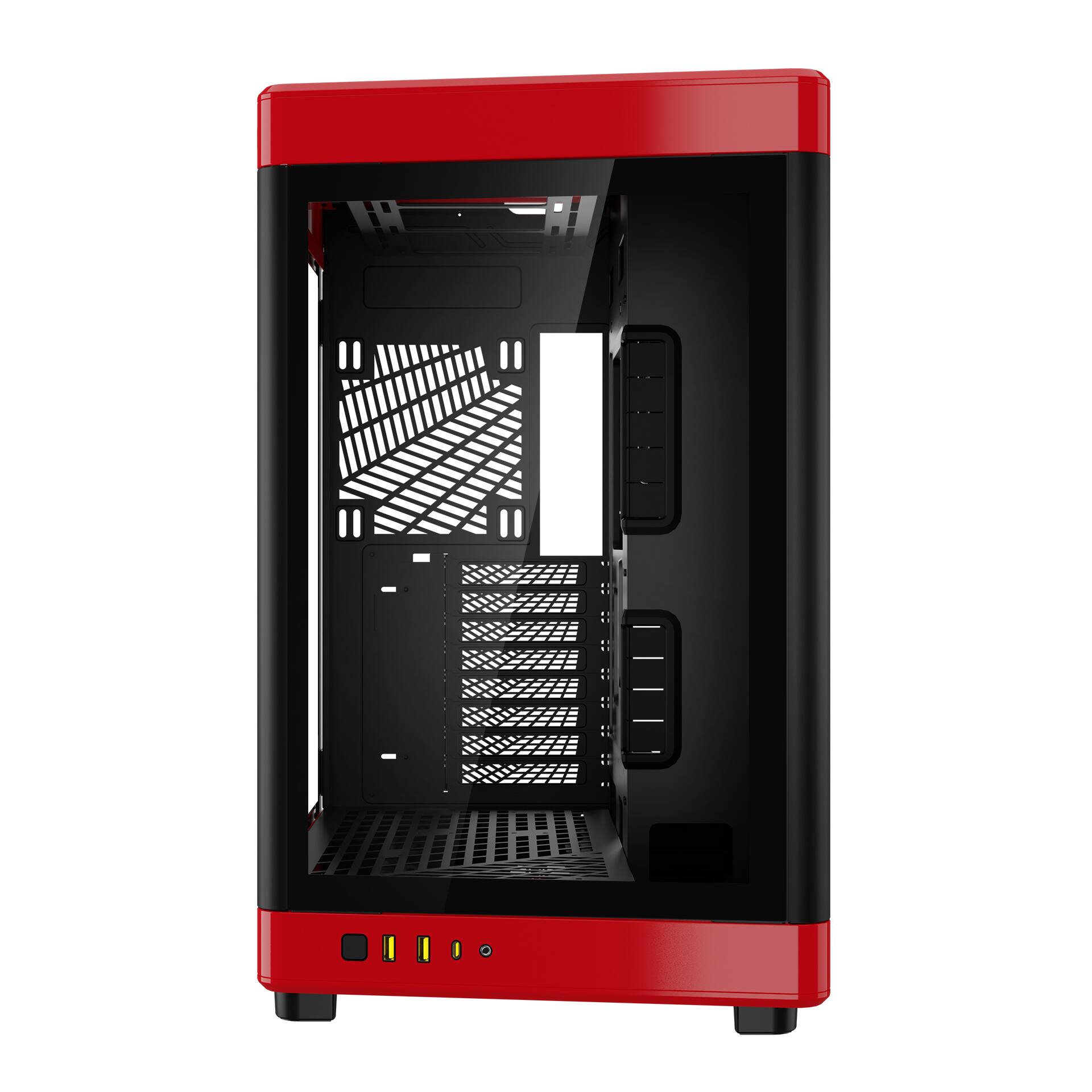 Alt View 1. GAMDIAS - NESO P1 BR Dual Chamber trapezoidal form factor, horizontal or vertical orientation, Fits GPU 426mm. - Red, black interior.