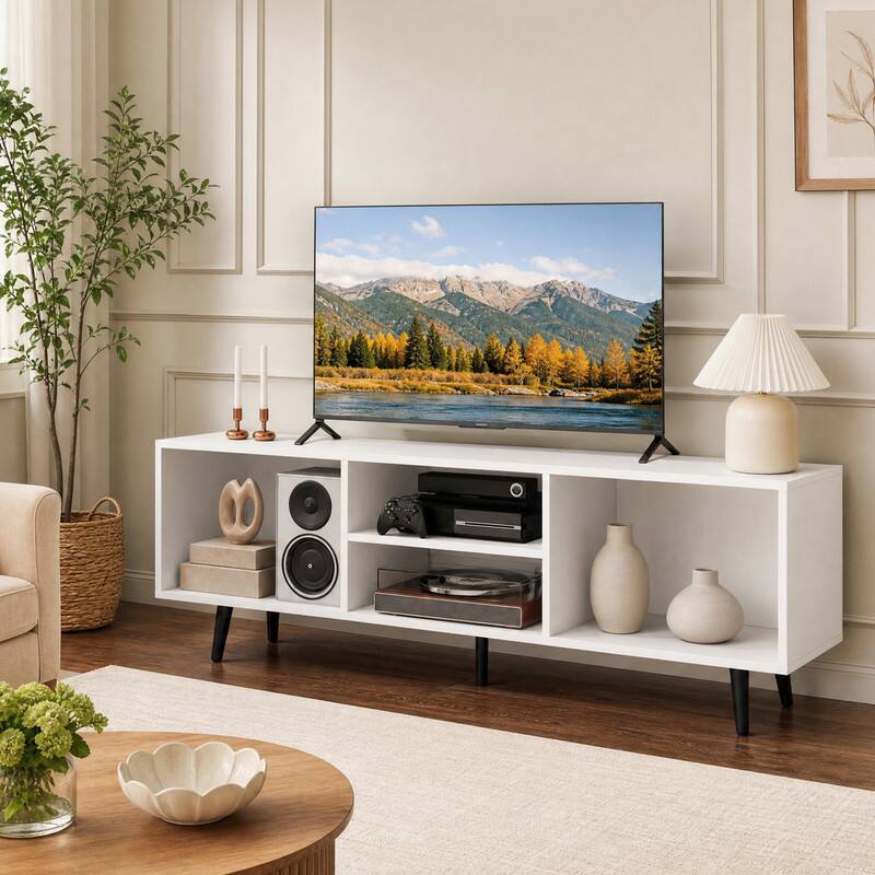 Angle. WELLFOR - Modern TV Stand for 55-Inch TV, Wood Entertainment Center Media Console Cabinet with Compartments and Metal Legs - White.