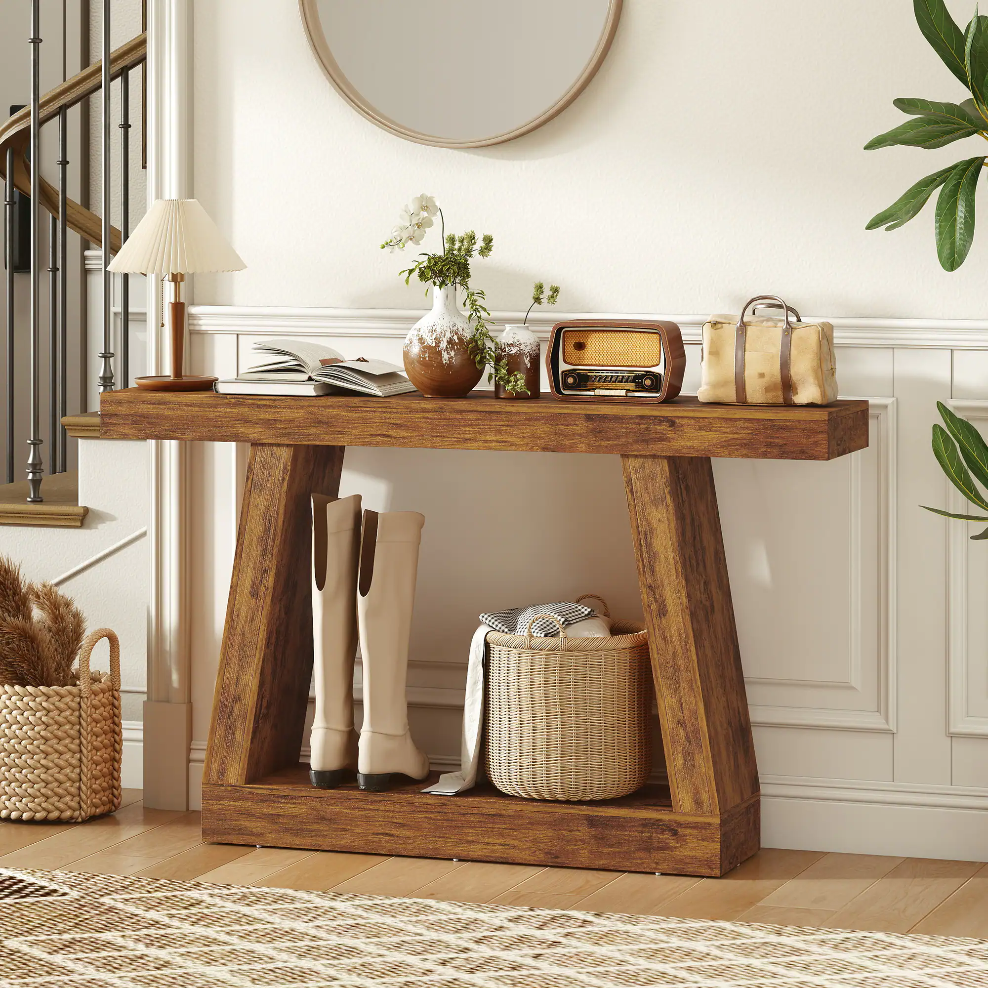Front. Homcom - Farmhouse Console Table, 2-Tier Entryway Table with Storage for Hallway, Living Room, Behind Couch - Dark brown.