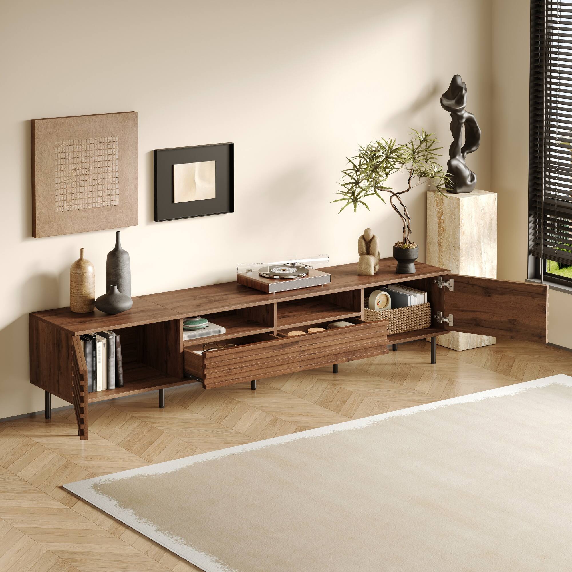 Left. MERAVOM - Modern TV Stand for TVs up to 85", Entertainment Center with Storage Cabinets, 2 Drawers & Open Shelves for Living Room - Dark Brown.