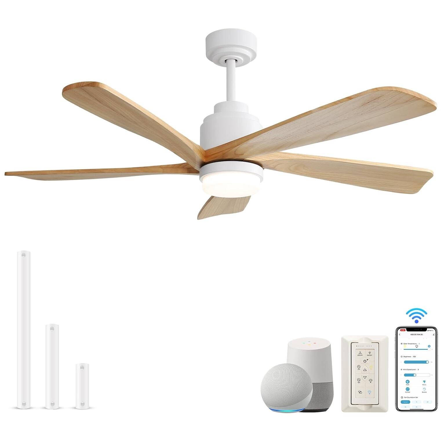 Alt View 4. Sofucor - 52 inch Modern Smart Ceiling Fan Ceiling Fan with Lights Remote Alexa Google APP Control Indoor Outdoor Wood Ceiling Fan - White Burley.