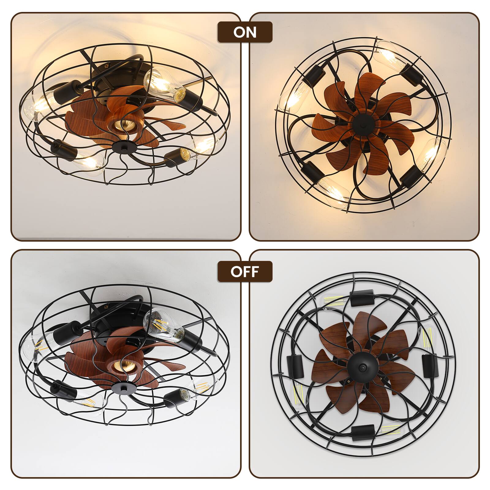 Angle. Sofucor - 20" Caged Industrial Ceiling Fans with Lights and Remote Flush Mount Bladeless Small Low Profile Farmhouse Ceiling Fan - Black.