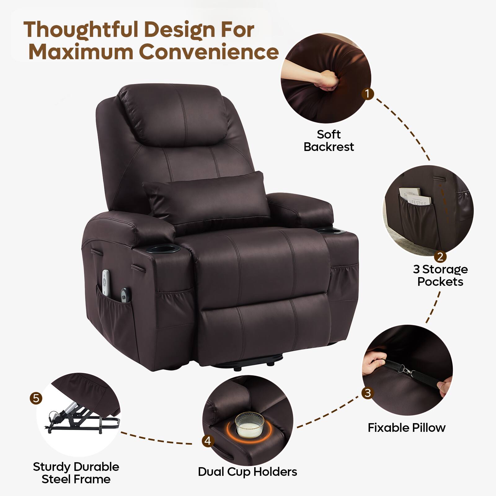 Thoughtful Design For Maximum Convenience

1. Soft Backrest
2. 3 Storage Pockets
3. Fixable Pillow
4. Dual Cup Holders
5. Sturdy Durable Steel Frame