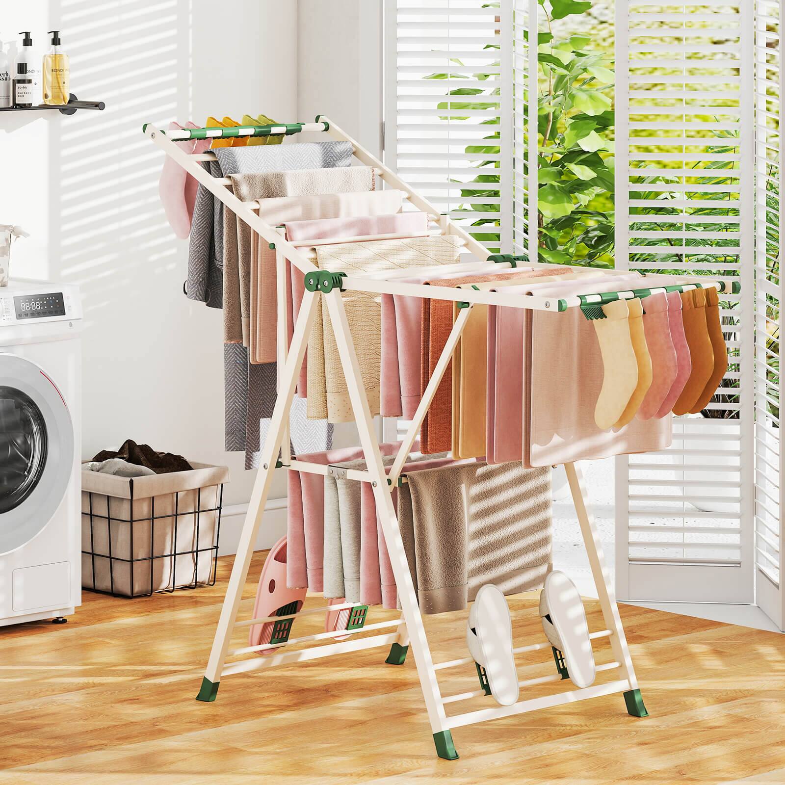 Alt View 1. Costway - Costway Foldable Metal Laundry Drying Rack with Height Adjustable Wings, 16 Drying Rails - Beige.