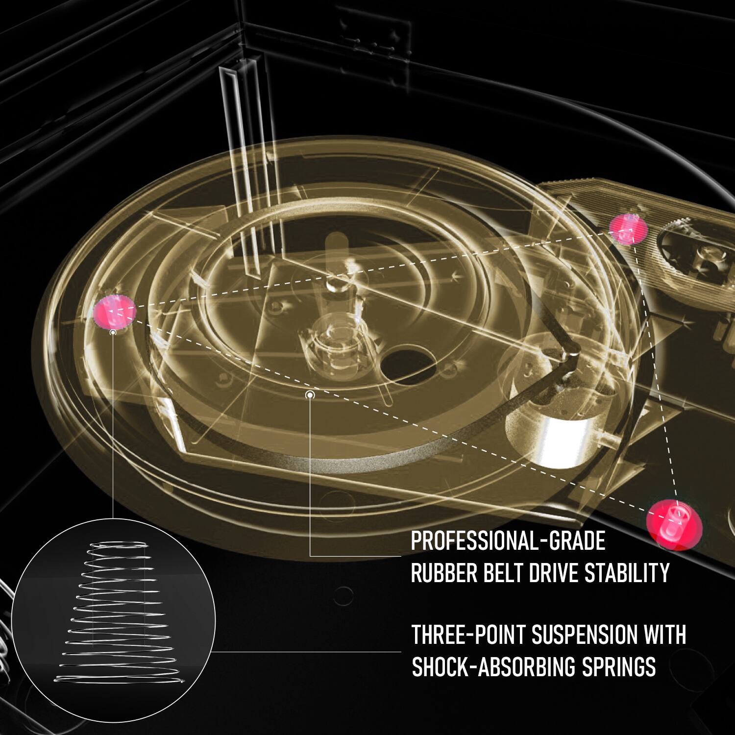 PROFESSIONAL-GRADE RUBBER BELT DRIVE STABILITY

THREE-POINT SUSPENSION WITH SHOCK-ABSORBING SPRINGS