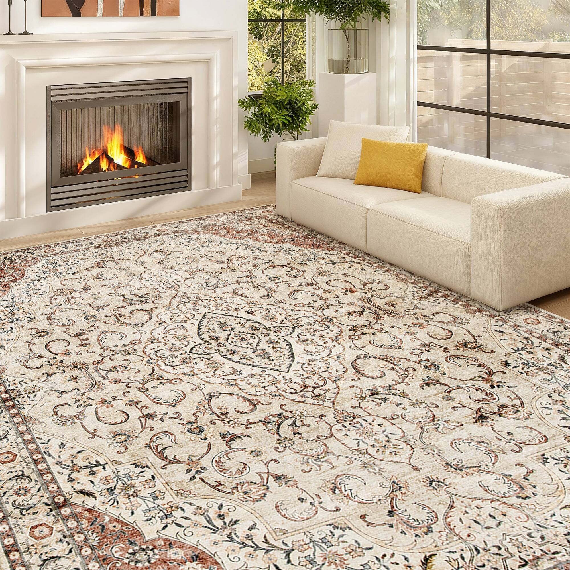 Alt View 1. Homcom - Rug 5x7, Machine Washable Rug, Non-Slip Classical Floral Print Floor Carpet for Living Room - Mixed Brown.