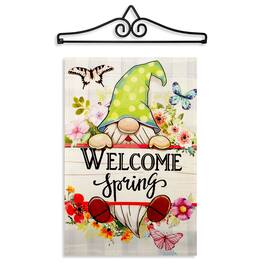 G128 - Garden Flag Hanger 14.2 in with 12x18 in Welcome Spring Gnome Flowers Double-Sided Flag - Multicolor