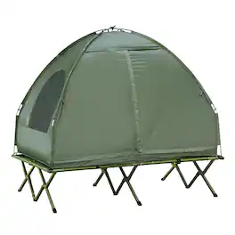 Outsunny - Tent Cot, 4-in-1 Elevated Camping Bed Combo with Air Mattress, Bed Cover - Dark Green