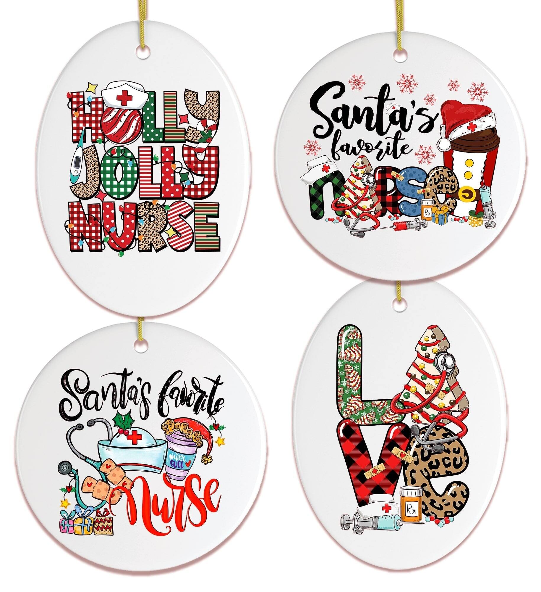 OrnamentallyYou - Santas Favorite Nurse Christmas Ornament Bundle Set of Four - Multi-colored