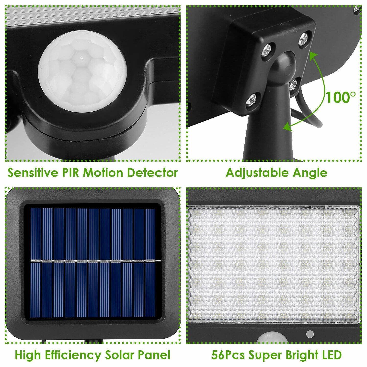 Sensitive PIR Motion Detector, Adjustable Angle, High Efficiency Solar Panel, 56Pcs Super Bright LED