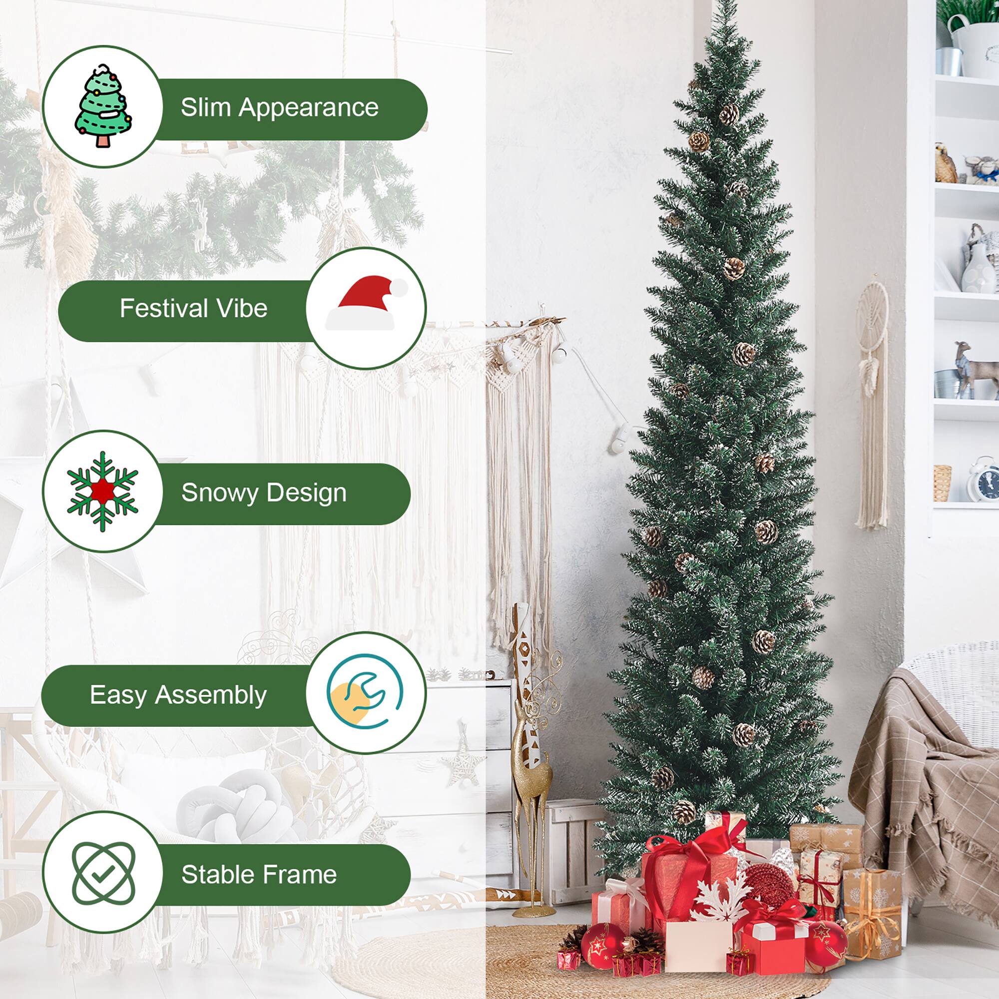 The text on the image is grouped as follows:

1. Slim Appearance: A Christmas tree that is slim in appearance.
2. Festival Vibe: A Christmas tree that has a festival vibe.
3. Snowy Design: A Christmas tree with a snowy design.
4. Easy Assembly: A Christmas tree that is easy to assemble.
5. Stable Frame: A Christmas tree with a stable frame.