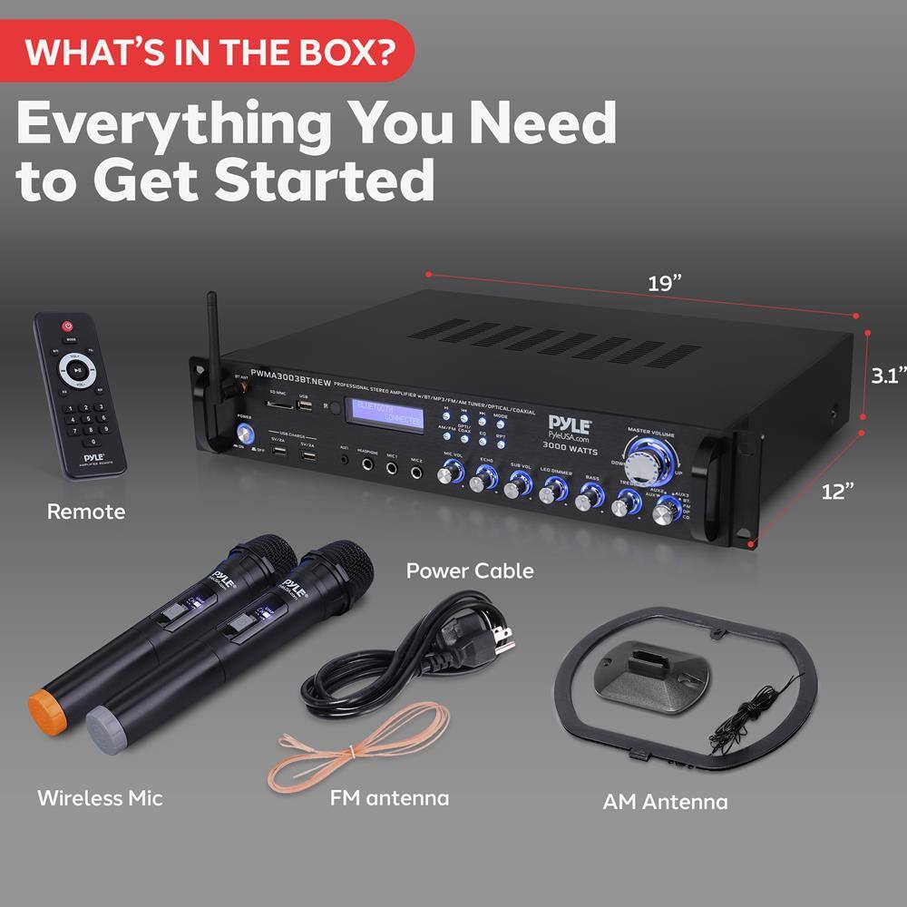 WHAT'S IN THE BOX?

Everything You Need to Get Started

- Remote
- Wireless Mic
- Power Cable
- FM antenna
- AM Antenna

19" x 3.1" x 12"